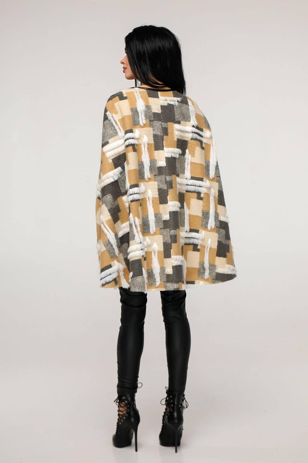 Plaid Wool Cape Women Loose Fit Cozy Stylish Oversized Coat Пончо В - 1176 Rimini Тон 1 - FAVORITTI