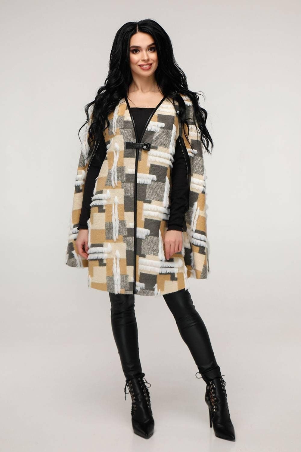 Plaid Wool Cape Women Loose Fit Cozy Stylish Oversized Coat Пончо В - 1176 Rimini Тон 1 - FAVORITTI