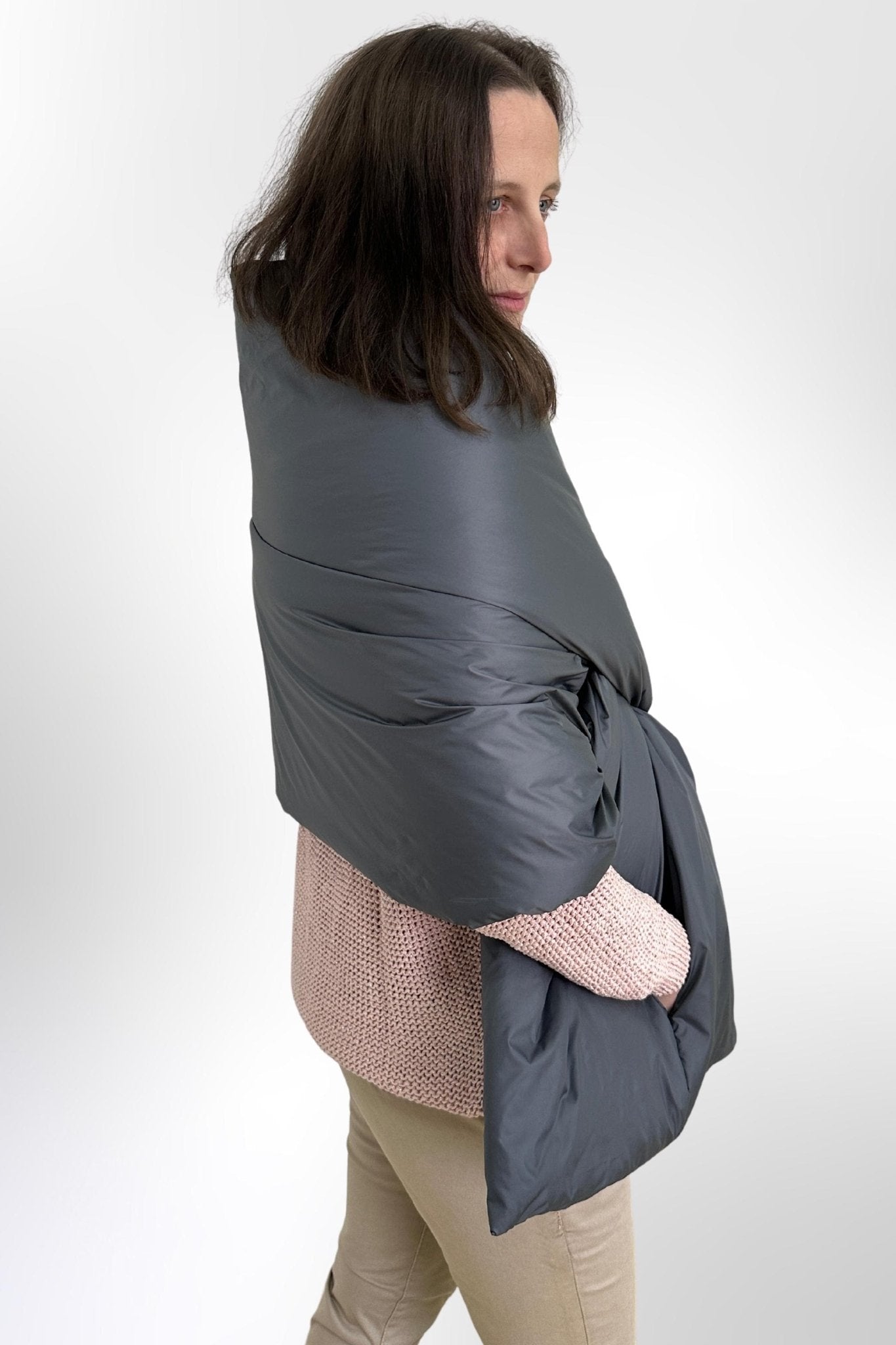 Puffer Cape Stole Scarf With Pockets Grey Large 20x85in Blanket Shawl Around Shoulders Wrap Warm Winter Gift - FAVORITTI