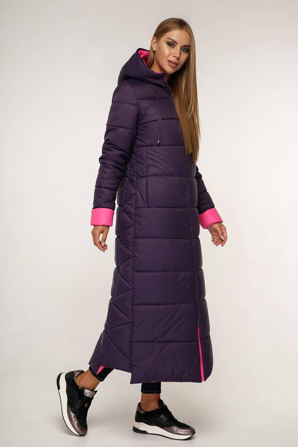 Purple Hot Pink Long Puffer Coat With Hood Women Waterproof and Windproof Winter Jacket Пуховик ПВ - 1202 Лаке Тон 33 + Тон 111 - FAVORITTI