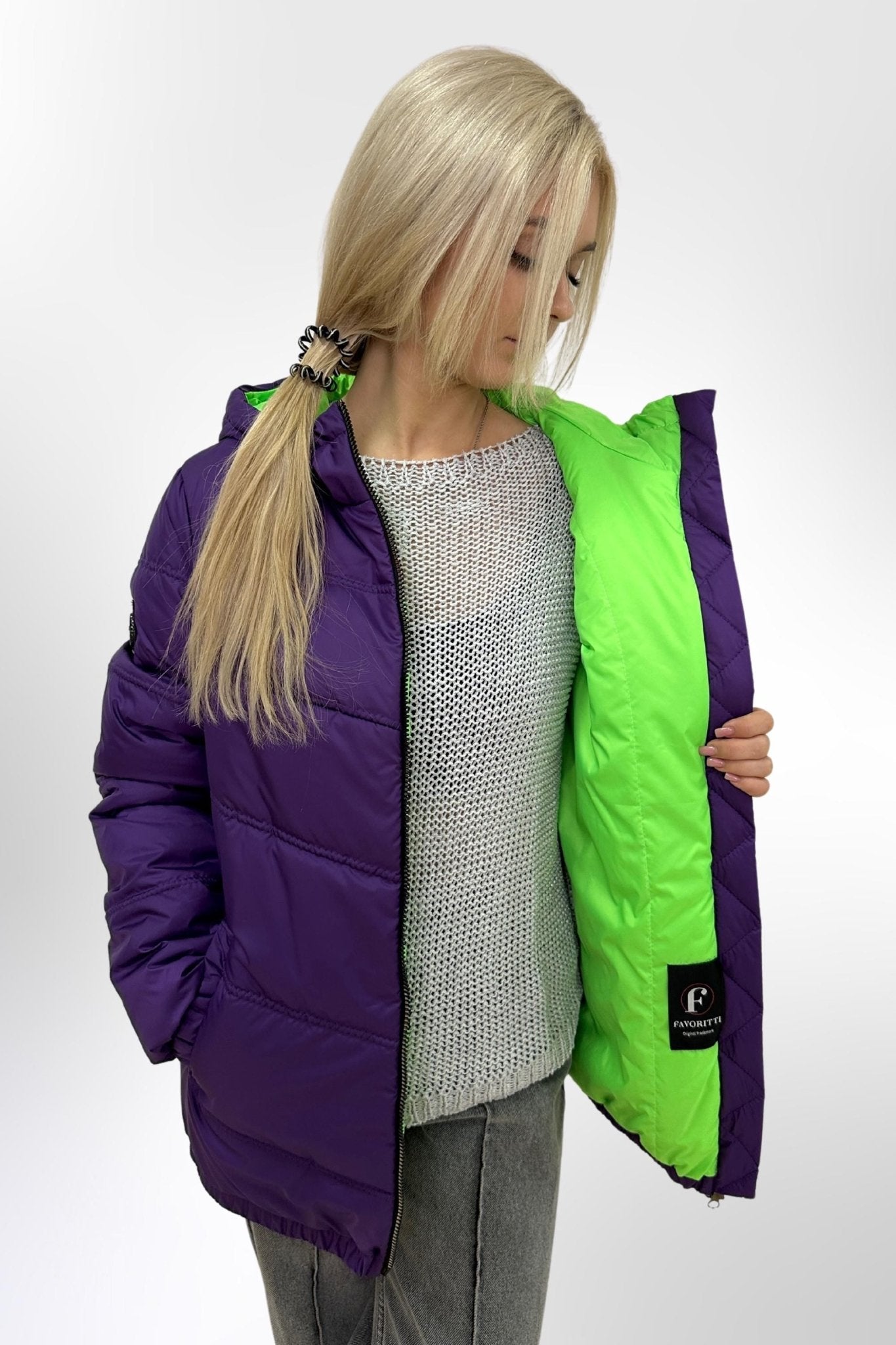Purple Puffer Jacket Women Puffy Hooded Coat Waterproof and Windproof Куртка В - 1237 Лаке Тон 107 + Тон 120 - FAVORITTI