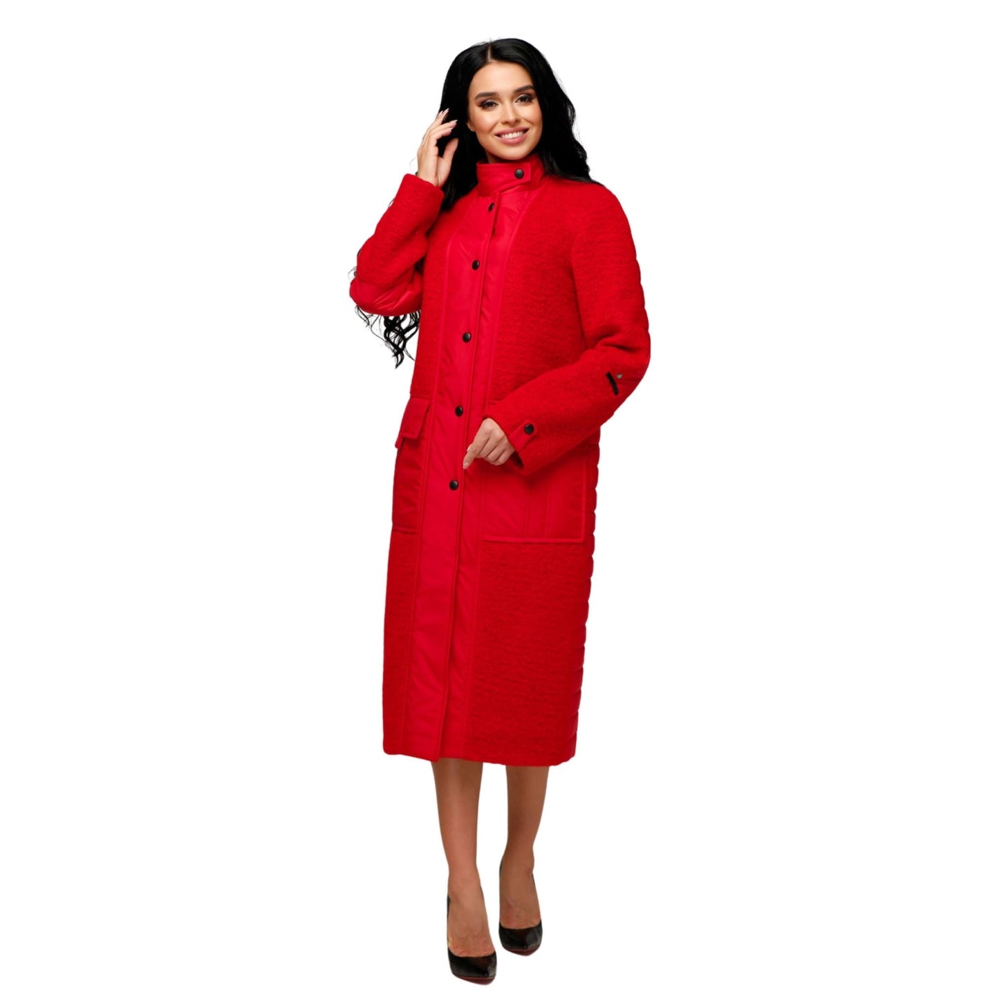 Red Puffer Quilted Coat with Pockets for Women - Long Warm Jacket Пальто В - 1242 Art.6484 Teddy Bouclet Тон 1013 - FAVORITTI