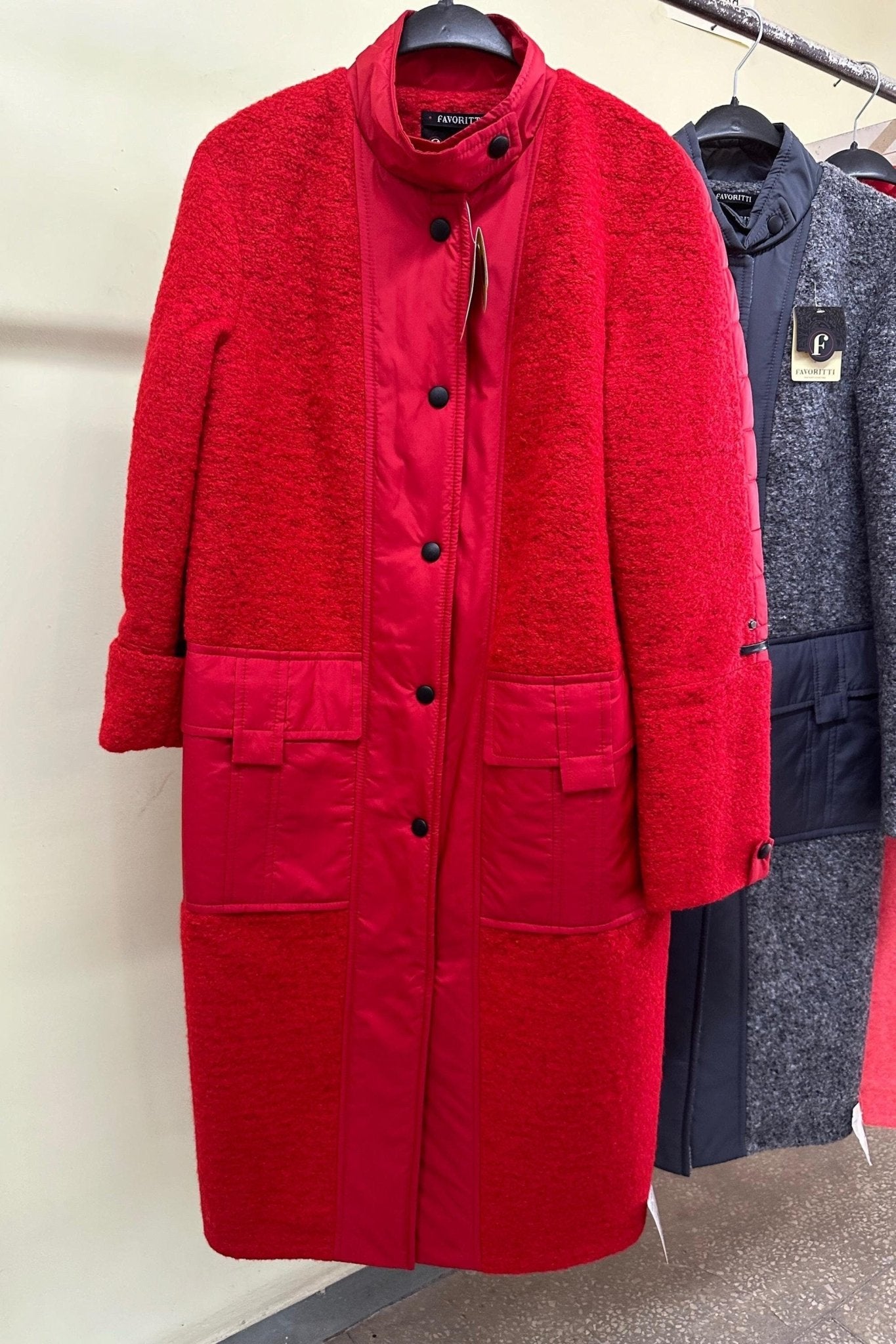 Red Puffer Quilted Coat with Pockets for Women - Long Warm Jacket Пальто В - 1242 Art.6484 Teddy Bouclet Тон 1013 - FAVORITTI