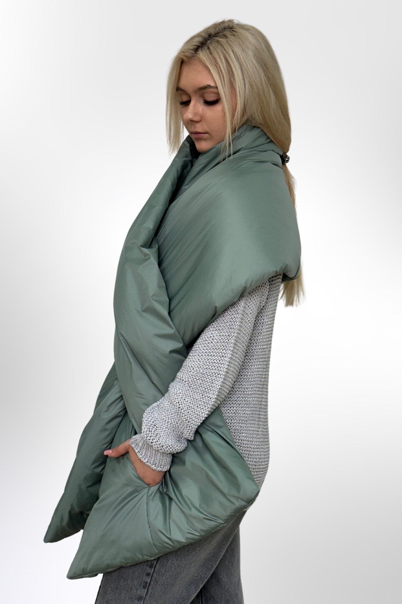 Sage Green Puffer Large Scarf 20x85in with 2 pockets Blanket Shawl Cape Around Shoulders Wrap Warm Winter Gift - FAVORITTI