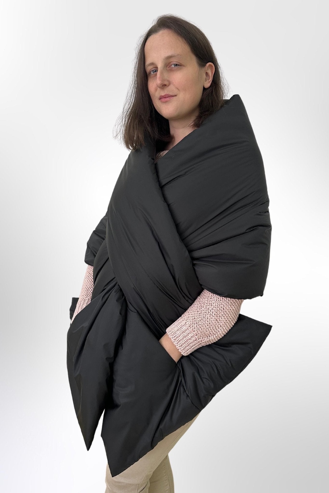 Scarf With Pockets Black Puffer Large Stole 20x85in Blanket Shawl Cape Around Shoulders Wrap Warm Winter Gift - FAVORITTI