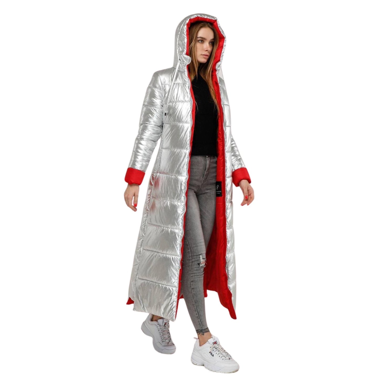 Silver Red Long Puffer Coat With Hood Women Waterproof and Windproof Winter Jacket Пуховик ПВ - 1202 Фольга Тон 8 + Тон 76 - FAVORITTI