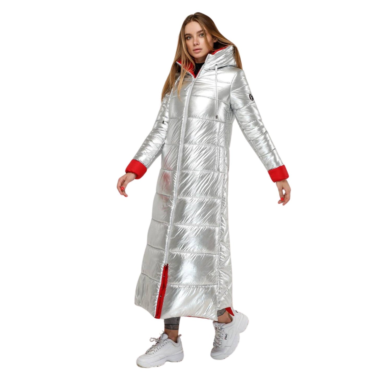 Silver Red Long Puffer Coat With Hood Women Waterproof and Windproof Winter Jacket Пуховик ПВ - 1202 Фольга Тон 8 + Тон 76 - FAVORITTI