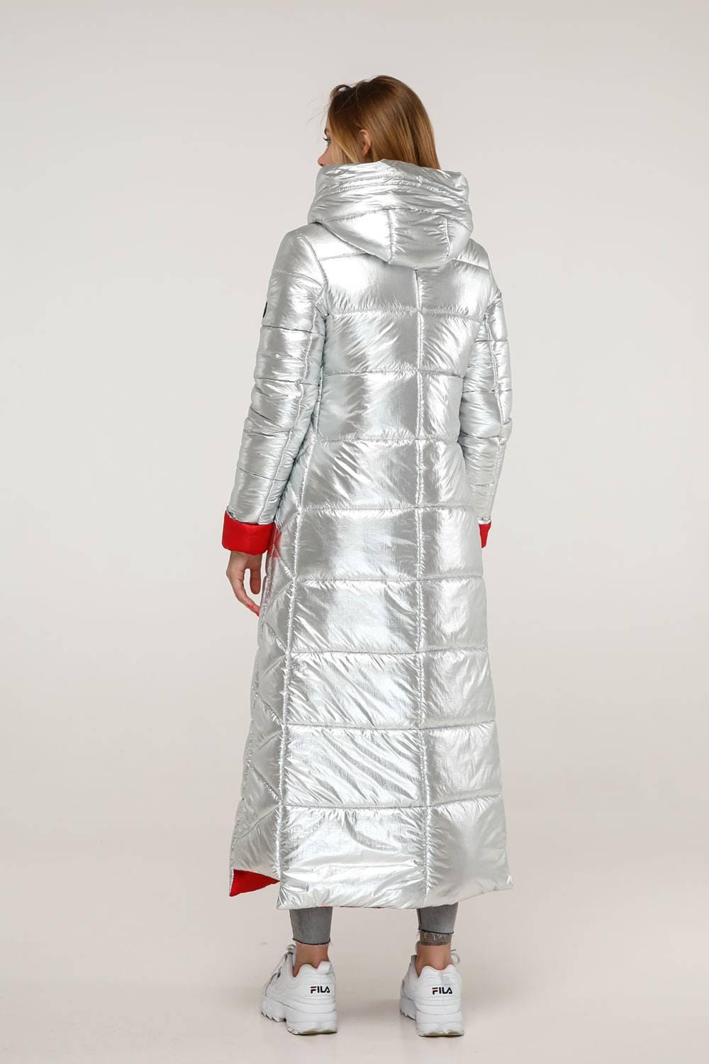 Silver Red Long Puffer Coat With Hood Women Waterproof and Windproof Winter Jacket Пуховик ПВ - 1202 Фольга Тон 8 + Тон 76 - FAVORITTI