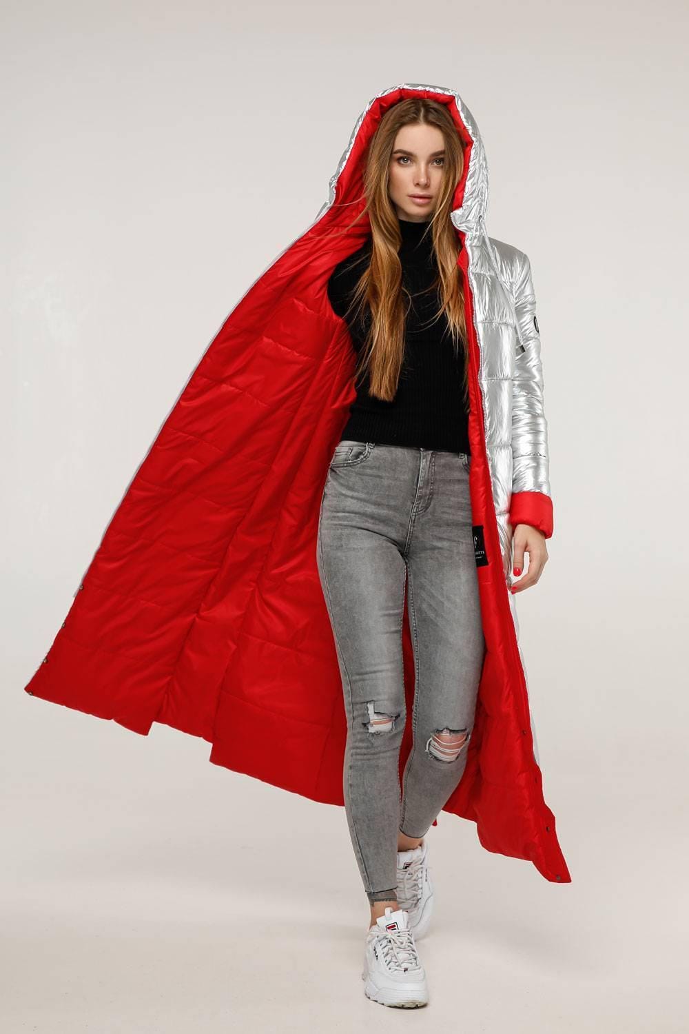 Silver Red Long Puffer Coat With Hood Women Waterproof and Windproof Winter Jacket Пуховик ПВ - 1202 Фольга Тон 8 + Тон 76 - FAVORITTI