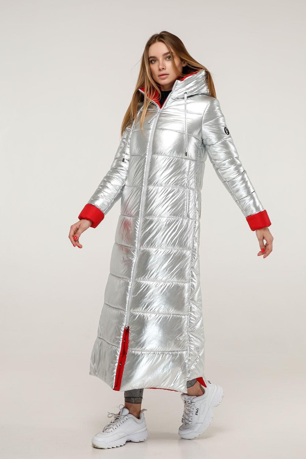 Silver Red Long Puffer Coat With Hood Women Waterproof and Windproof Winter Jacket Пуховик ПВ - 1202 Фольга Тон 8 + Тон 76 - FAVORITTI