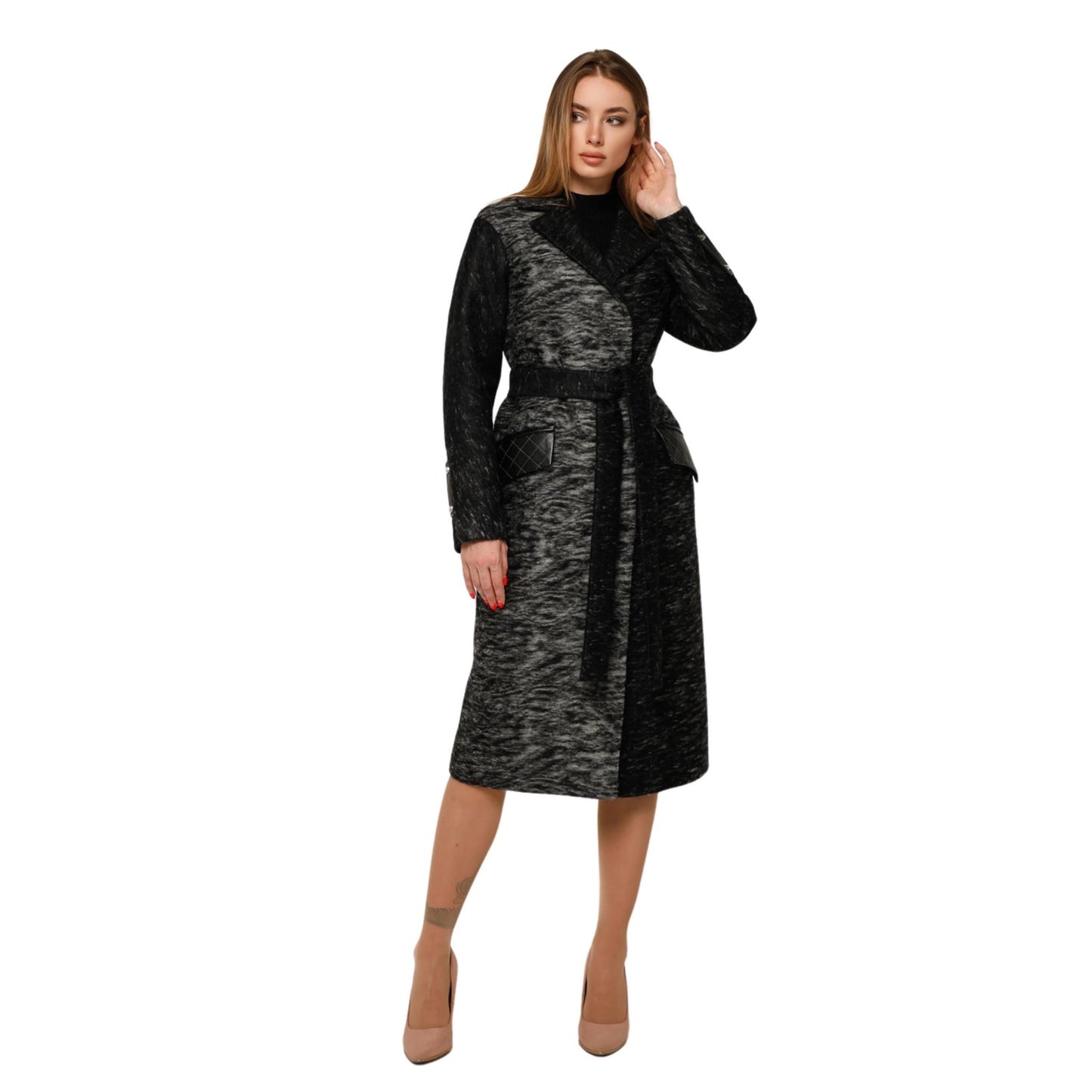 Wool Coat With Belt Lined Patterned Textured Midi Outerwear Пальто В - 1285 Сashimire Тон 4 - FAVORITTI