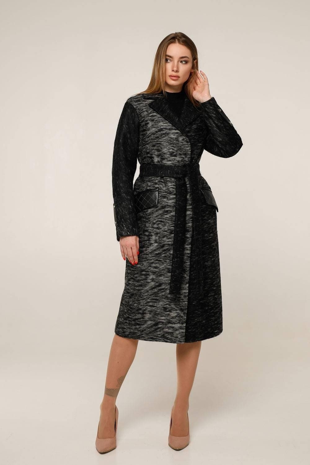 Wool Coat With Belt Lined Patterned Textured Midi Outerwear Пальто В - 1285 Сashimire Тон 4 - FAVORITTI