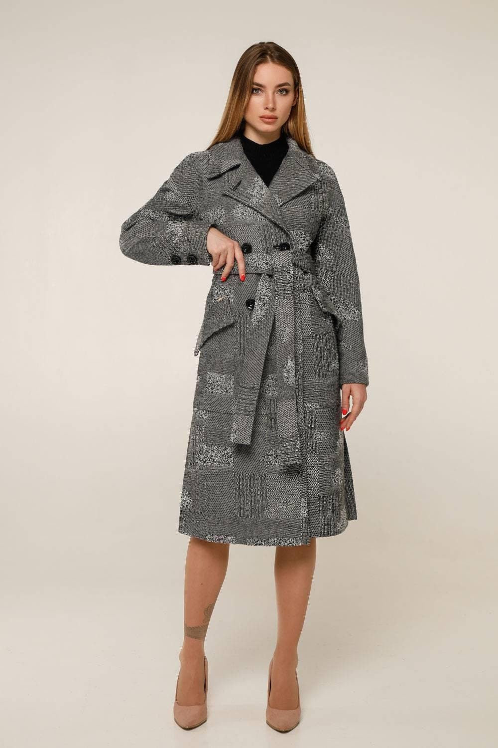 Wool Coat With Belt Patterned Textured Midi Lined Outerwear Пальто В - 983 МО 13324 Тон 100 - FAVORITTI