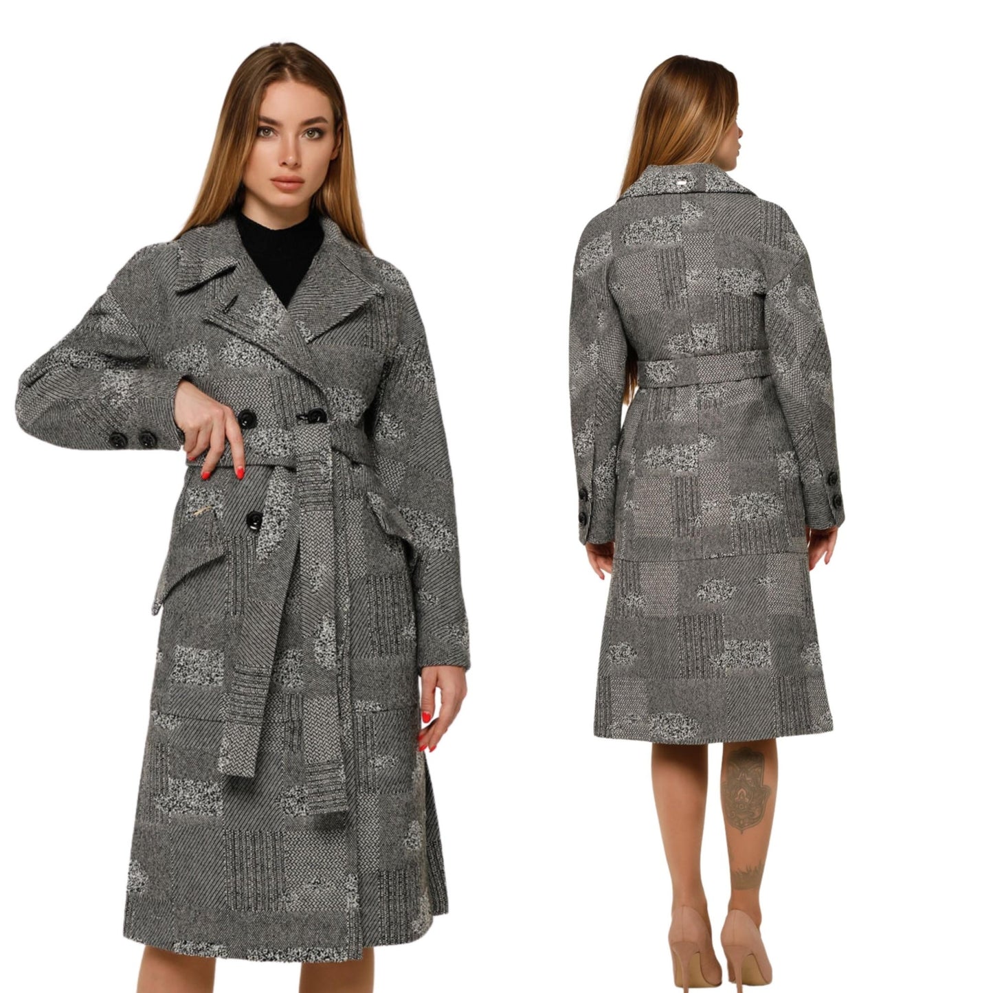 Wool Coat With Belt Patterned Textured Midi Lined Outerwear Пальто В - 983 МО 13324 Тон 100 - FAVORITTI
