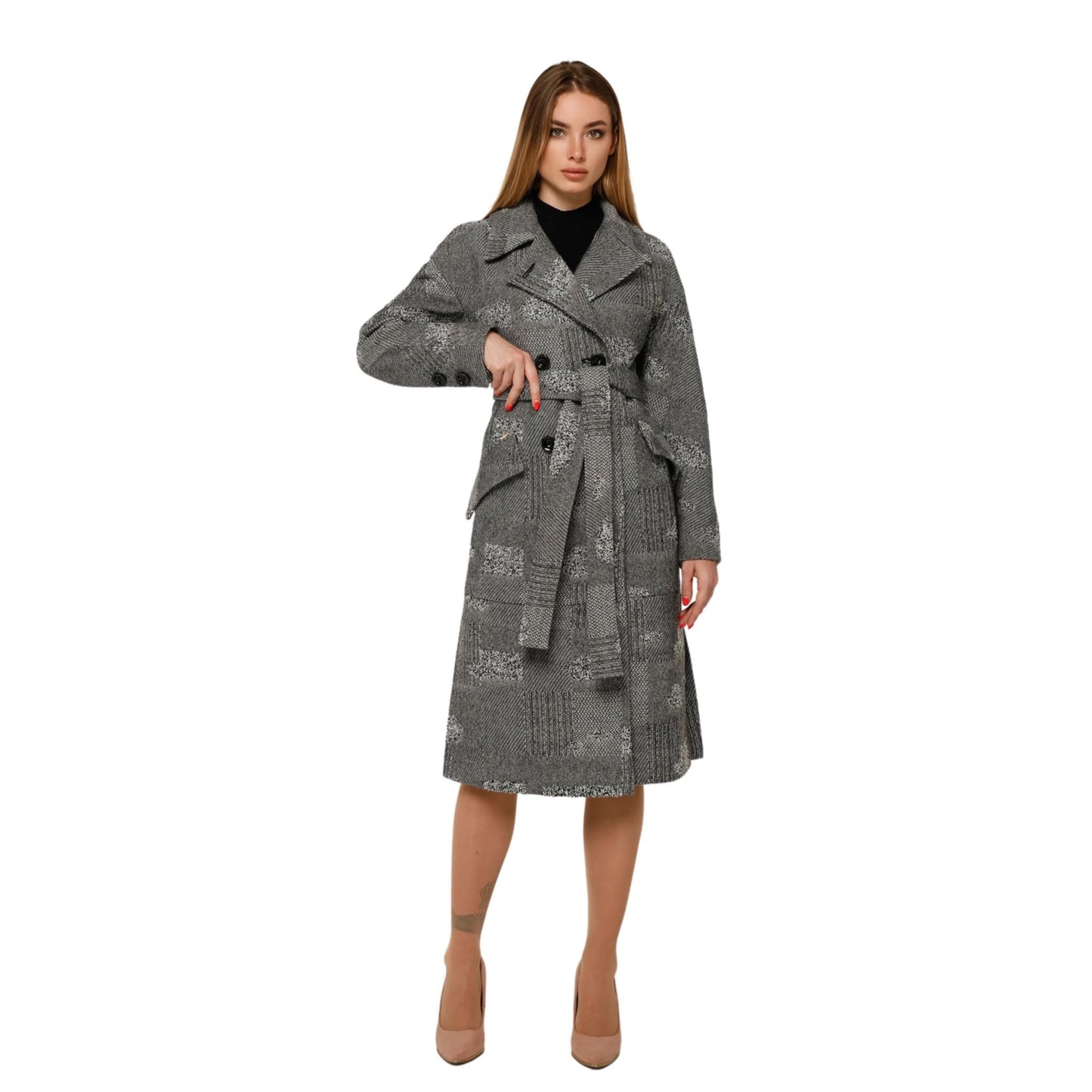 Wool Coat With Belt Patterned Textured Midi Lined Outerwear Пальто В - 983 МО 13324 Тон 100 - FAVORITTI