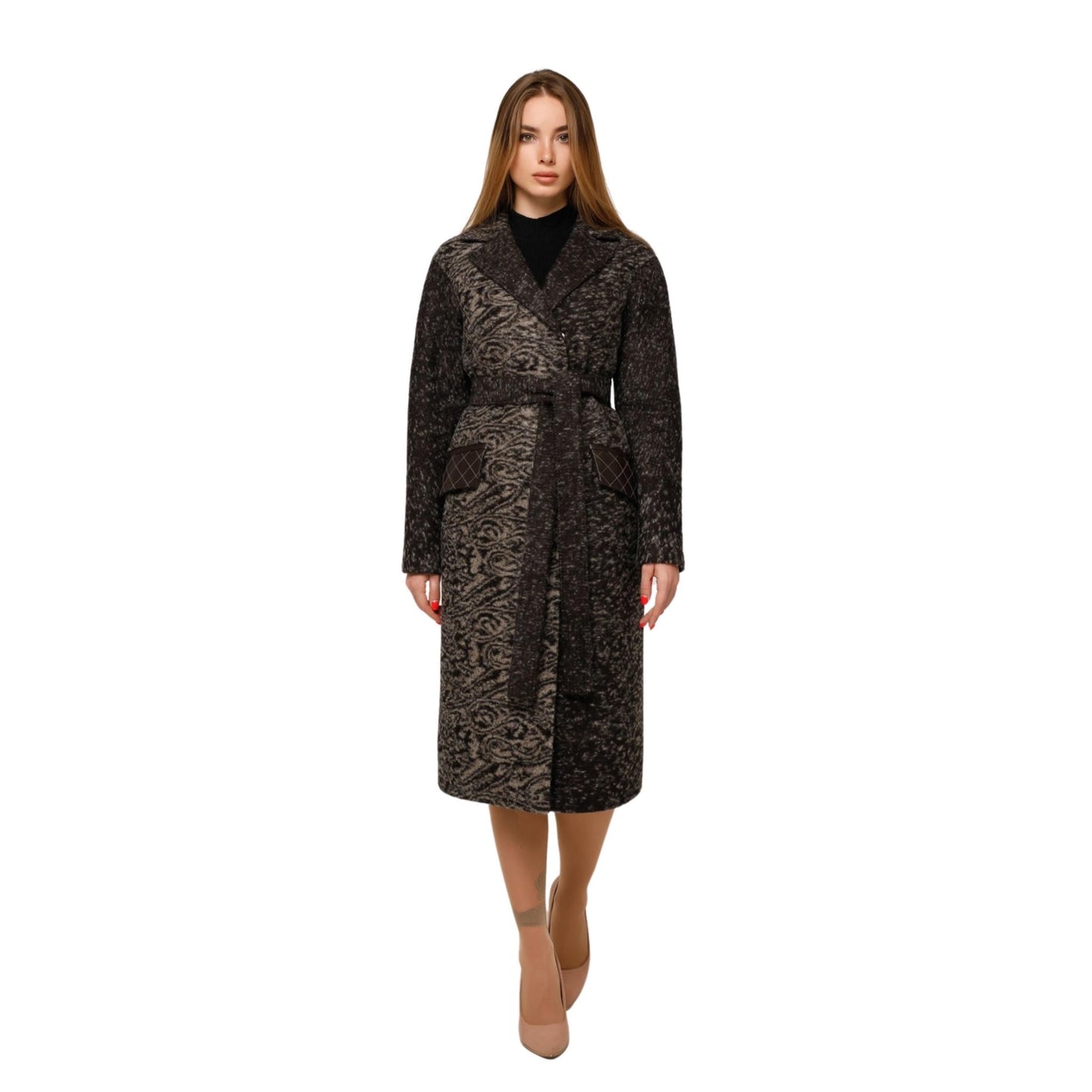 Wool Coat With Belt Wool Belted Lined Patterned Textured Midi Outerwear Пальто В - 1285 Сashimeco Тон 2 - FAVORITTI