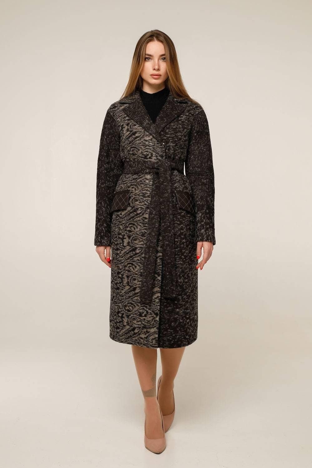 Wool Coat With Belt Wool Belted Lined Patterned Textured Midi Outerwear Пальто В - 1285 Сashimeco Тон 2 - FAVORITTI