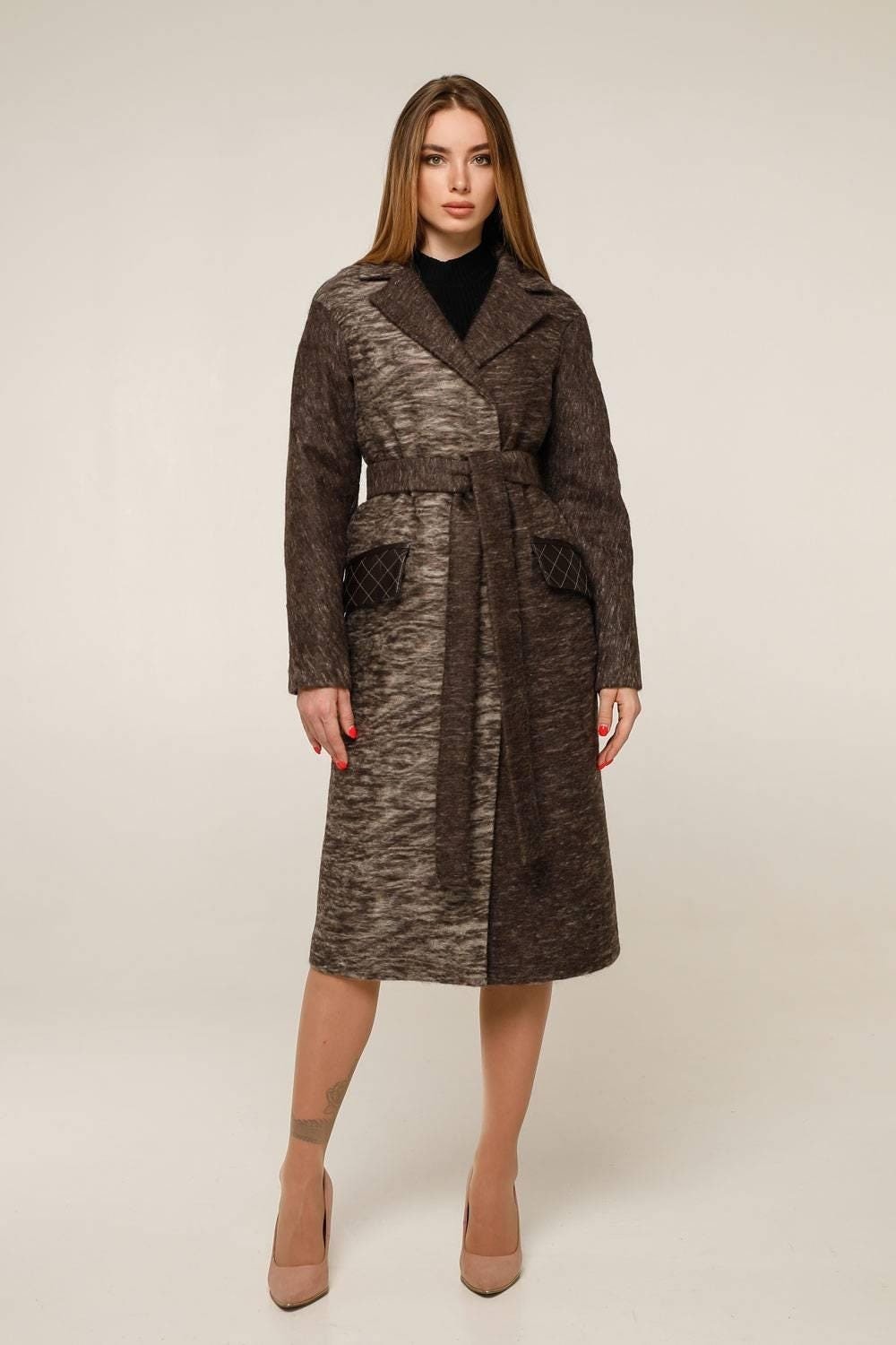 Wool Coat With Belt Wool Belted Lined Patterned Textured Midi Outerwear Пальто В - 1285 Сashimire Тон 1 - FAVORITTI