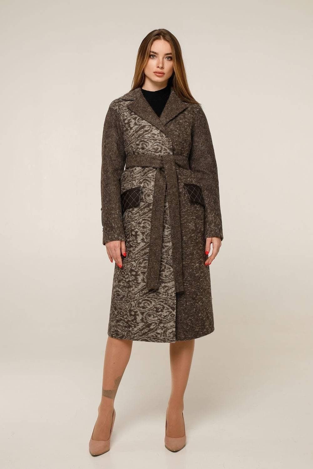 Wool Coat With Belt Wool Lined Patterned Textured Midi Outerwear Пальто В - 1285 Сashimeco Тон 1 - FAVORITTI