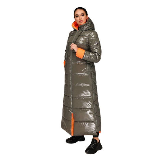 Army Orange Long Puffer Coat With Hood Women Waterproof and Windproof Winter Jacket Пуховик ПВ - 1202 Лак Тон 25 + Тон 97 - FAVORITTI