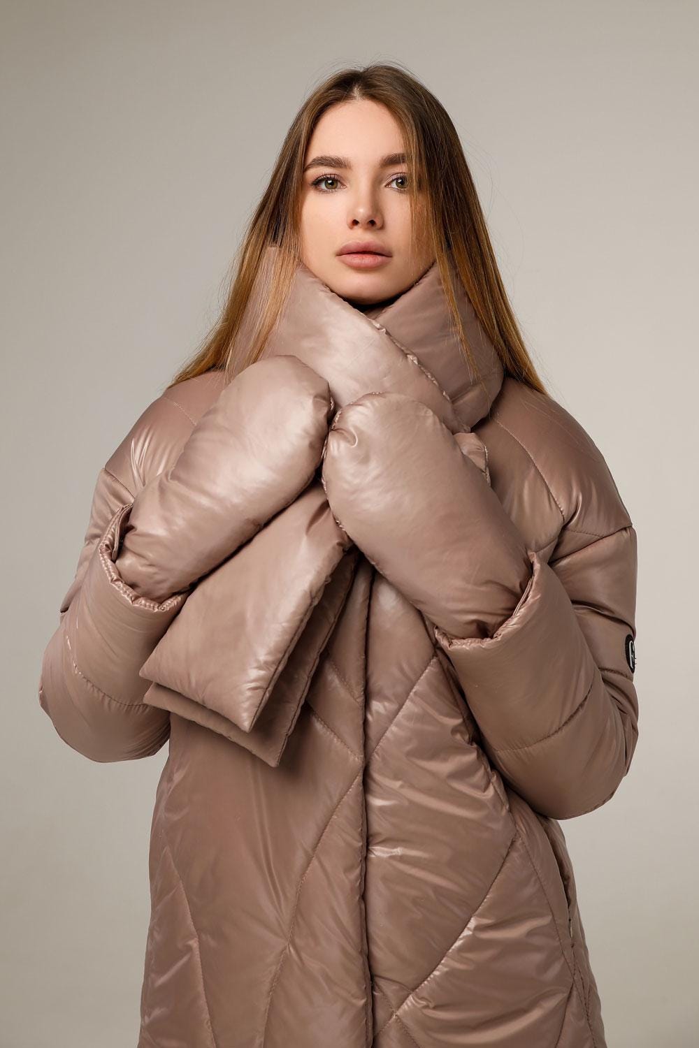 Beige Puffer Jacket Women Winter Set 3 - pieces Down Jacket Scarf Mittens Puffy Coat Пуховик ПВ - 1291 Лаке Тон 6Beigey - FAVORITTI