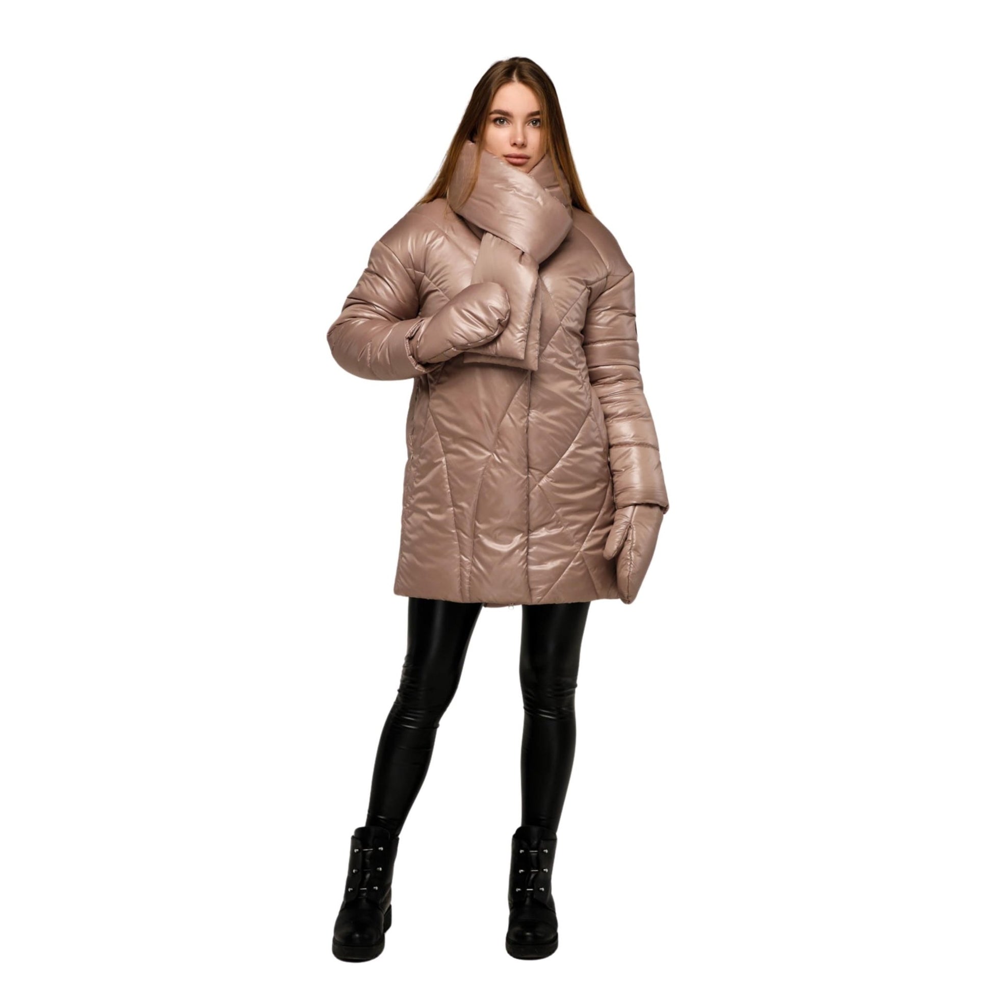 Beige Puffer Jacket Women Winter Set 3 - pieces Down Jacket Scarf Mittens Puffy Coat Пуховик ПВ - 1291 Лаке Тон 6Beigey - FAVORITTI