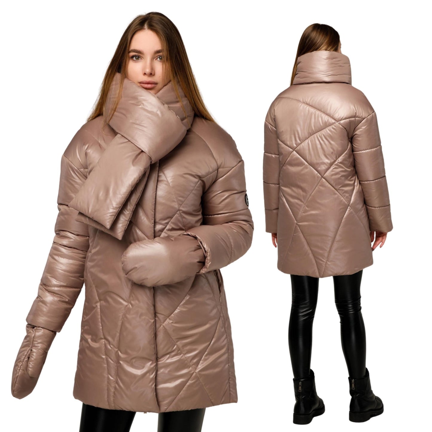 Beige Puffer Jacket Women Winter Set 3 - pieces Down Jacket Scarf Mittens Puffy Coat Пуховик ПВ - 1291 Лаке Тон 6Beigey - FAVORITTI