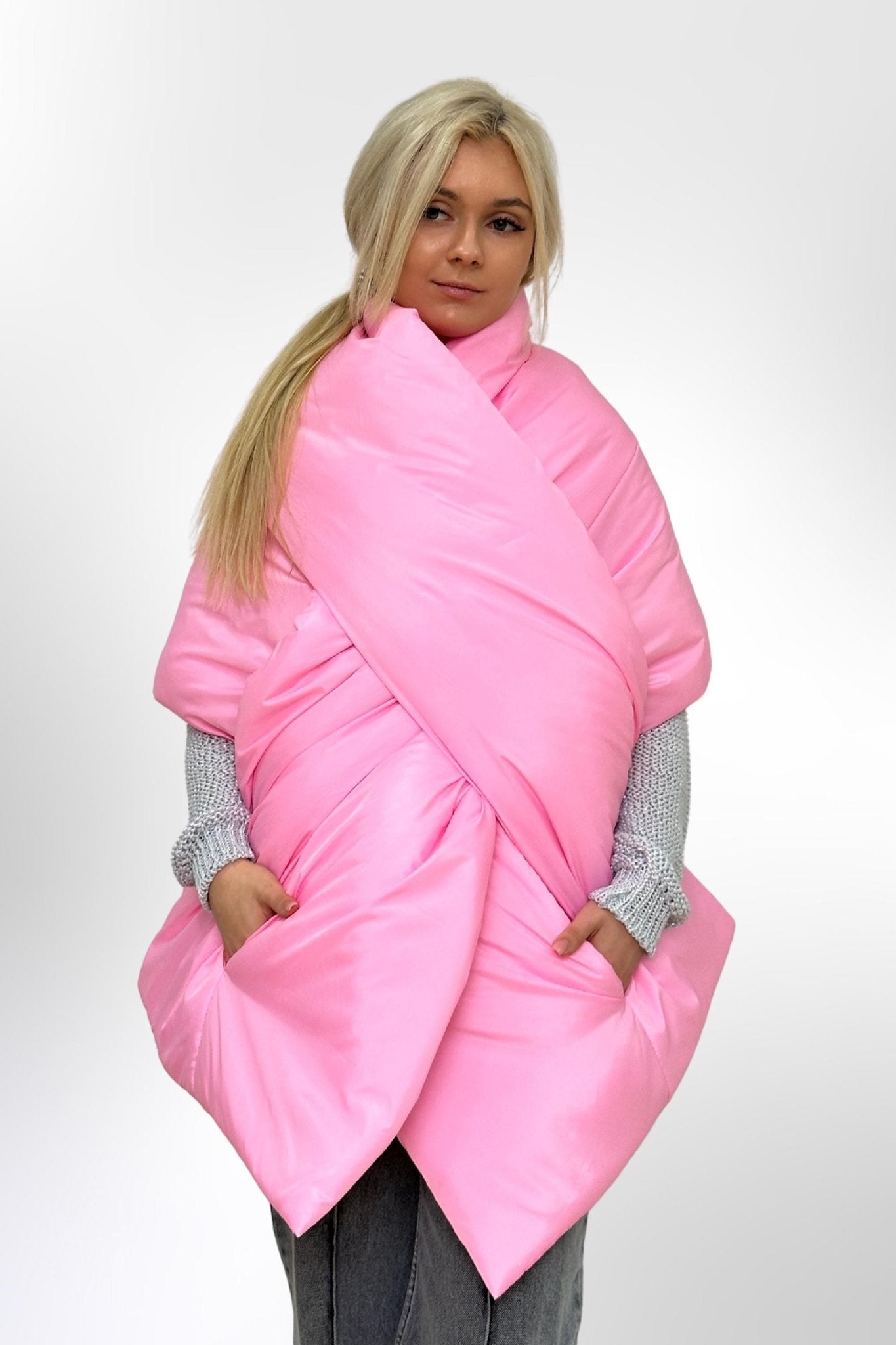 Beige Puffer Large Scarf 20x85in with 2 pockets Blanket Shawl Cape Around Shoulders Wrap Warm Winter Gift More Colors - FAVORITTI