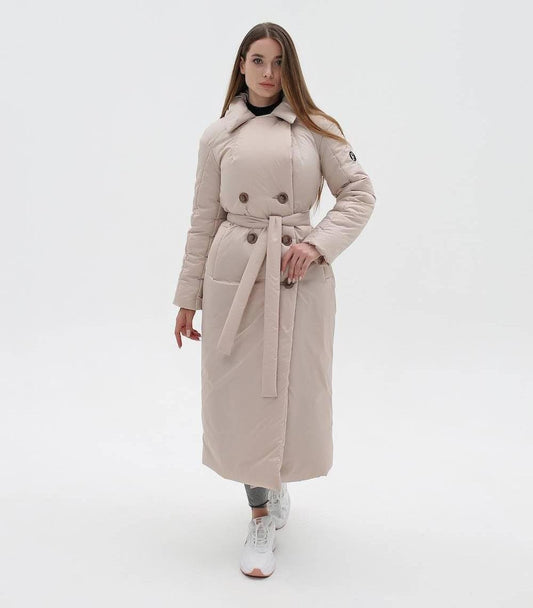 Beige Puffy Coat for Women, Maxi Long Winter Jacket, Belted Warm Outerwear Плащ - пуховик ПВ - 1308 Лаке Тон 88 + Тон 89Д - FAVORITTI