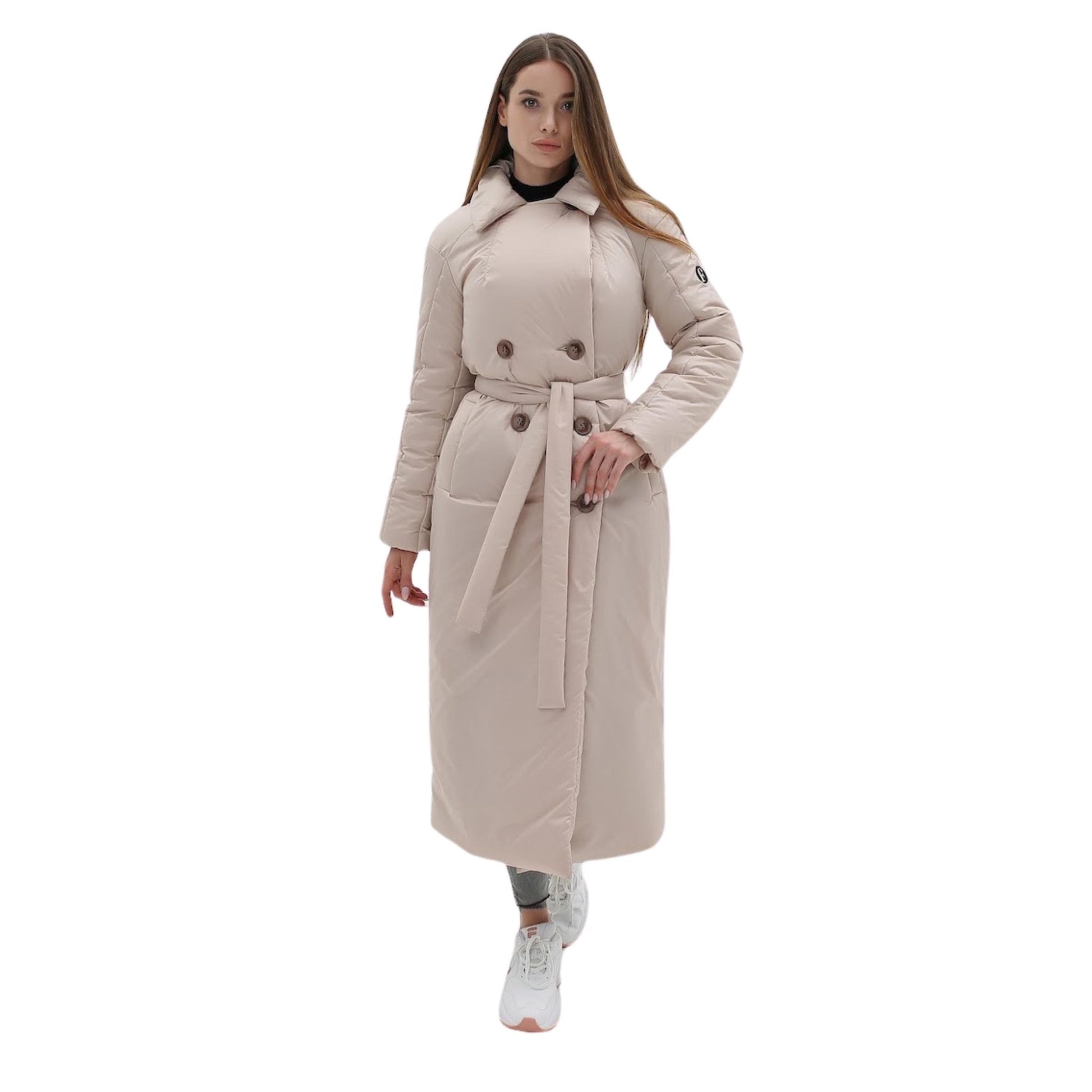 Beige Puffy Coat for Women, Maxi Long Winter Jacket, Belted Warm Outerwear Плащ - пуховик ПВ - 1308 Лаке Тон 88 + Тон 89Д - FAVORITTI