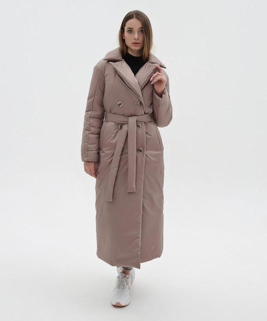 Beige Puffy Coat for Women, Maxi Long Winter Jacket, Belted Warm Outerwear Плащ - пуховик ПВ - 1308 Лаке Тон 89Д + Тон 88 - FAVORITTI