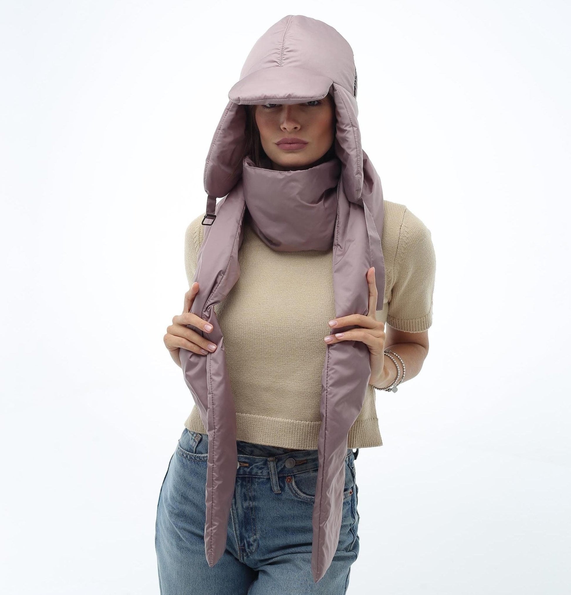 Beige Women's 2 - Piece Puffer Set Scarf 6x90in and Hat - FAVORITTI