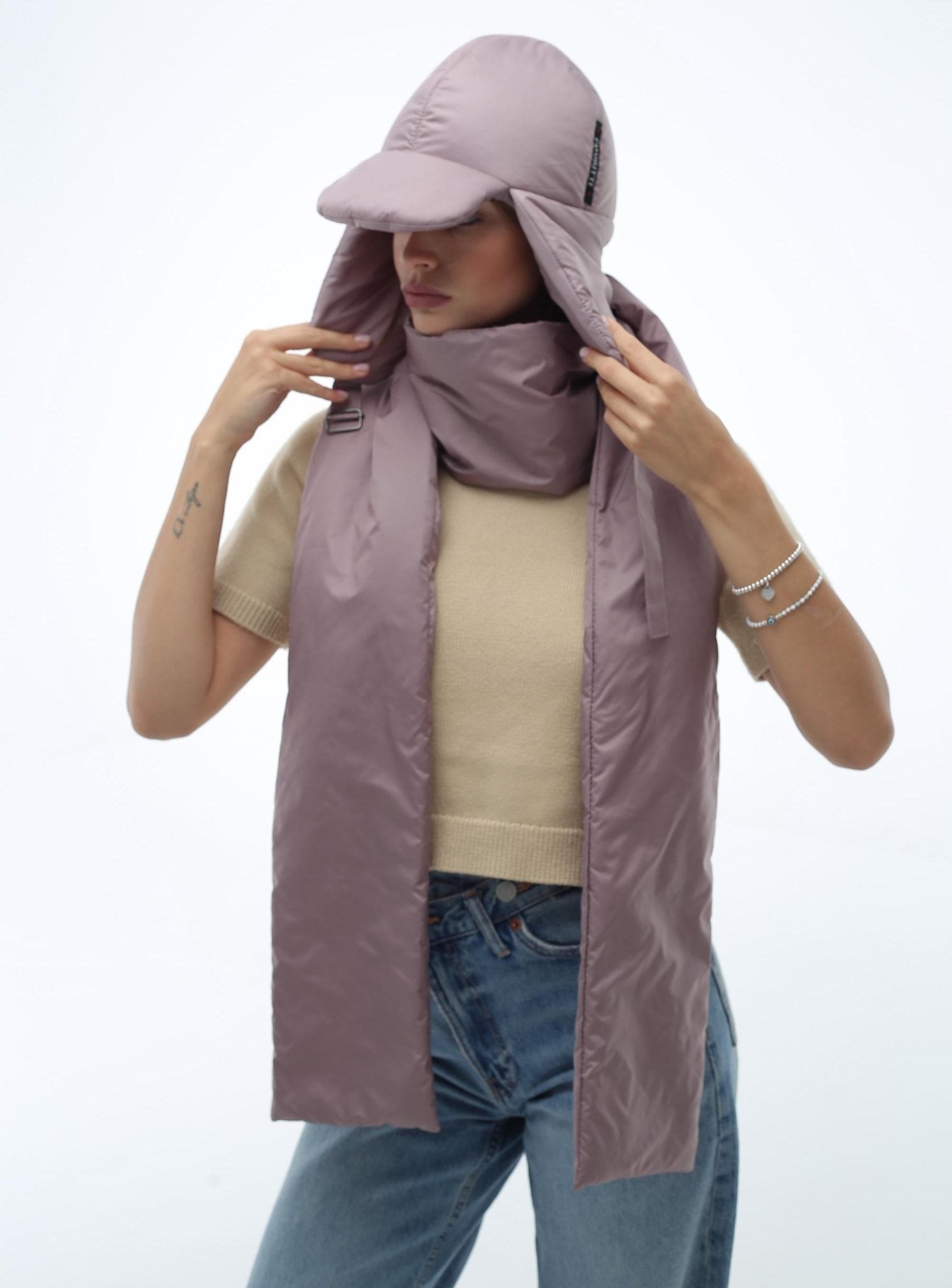 Beige Women's 2 - Piece Puffer Set Scarf 6x90in and Hat - FAVORITTI