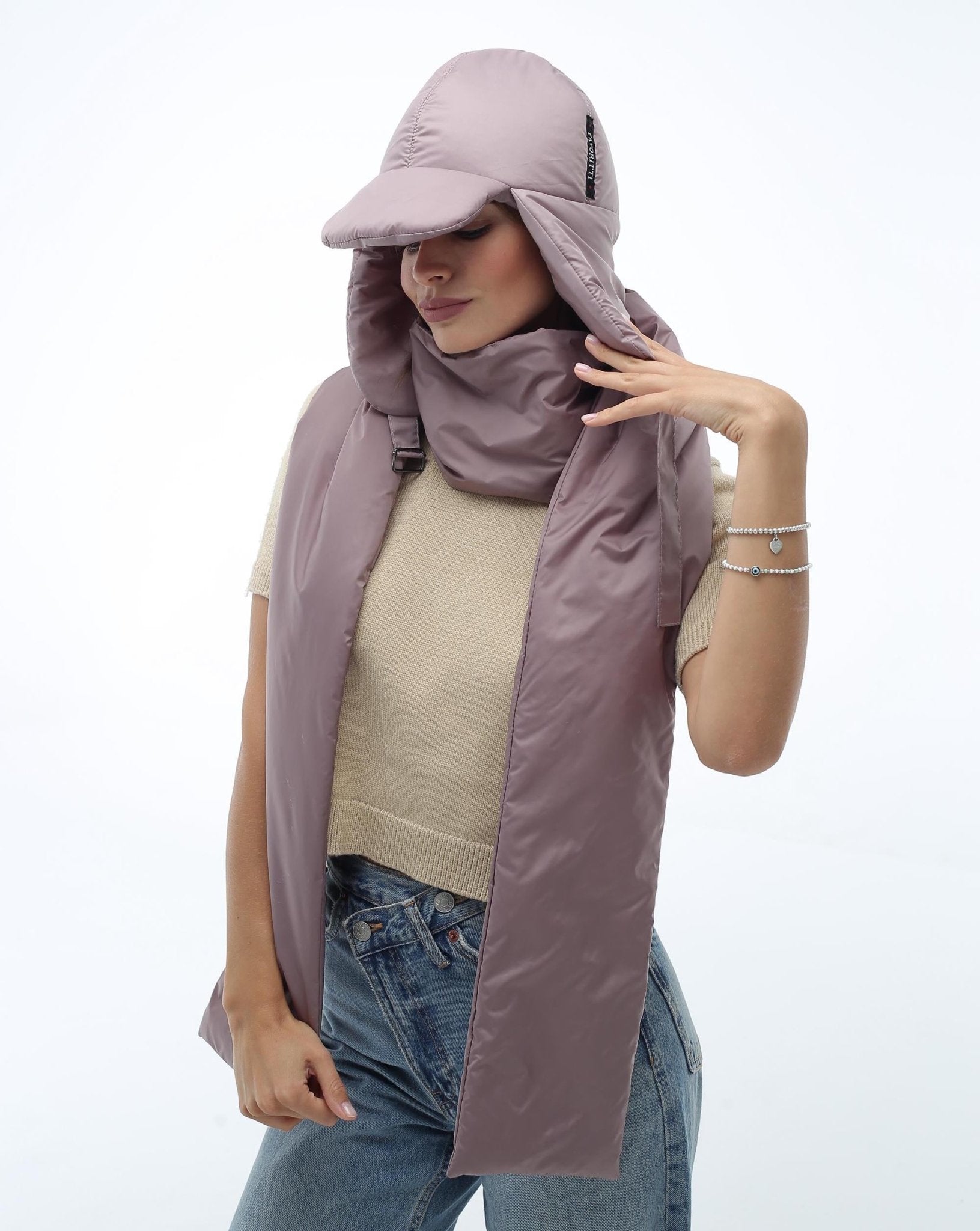 Beige Women's 2 - Piece Puffer Set Scarf 6x90in and Hat - FAVORITTI