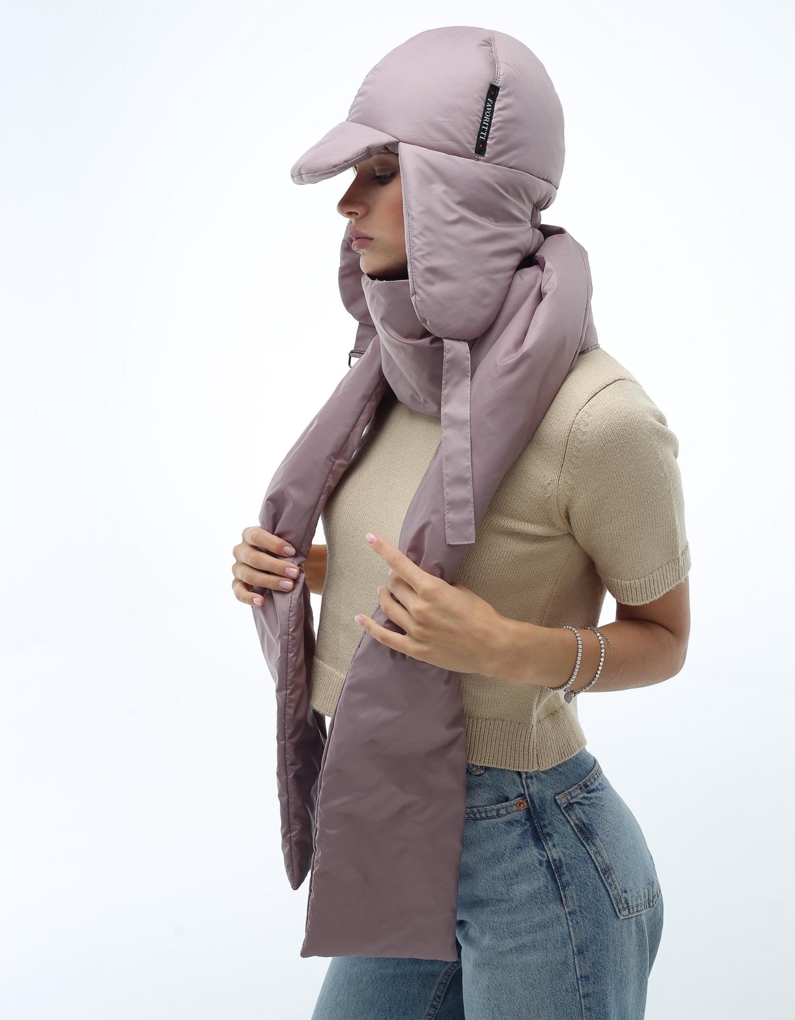 Beige Women's 2 - Piece Puffer Set Scarf 6x90in and Hat - FAVORITTI