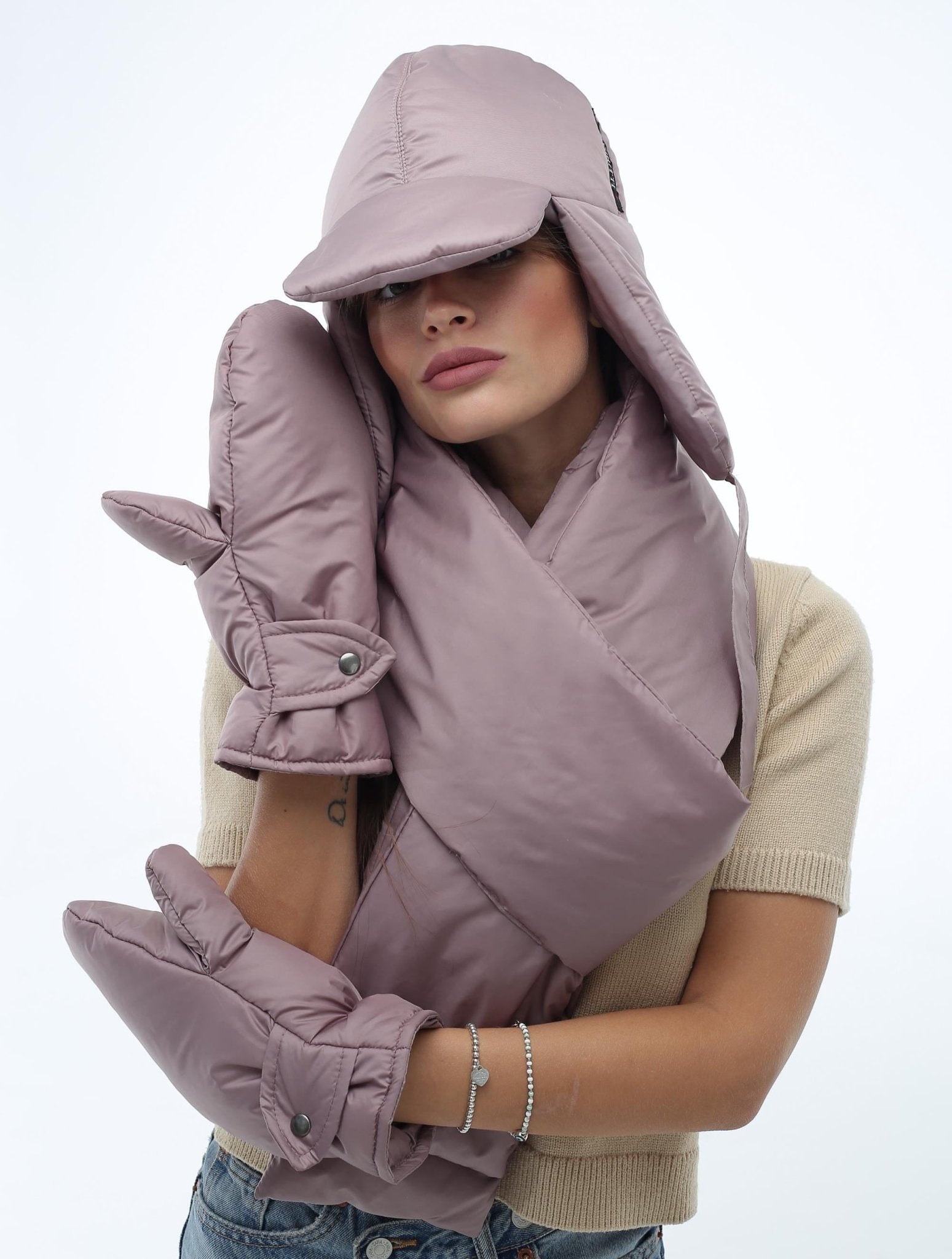 Beige Women's 3 - Piece Puffer Set Scarf 6x90in Mittens Hat - FAVORITTI