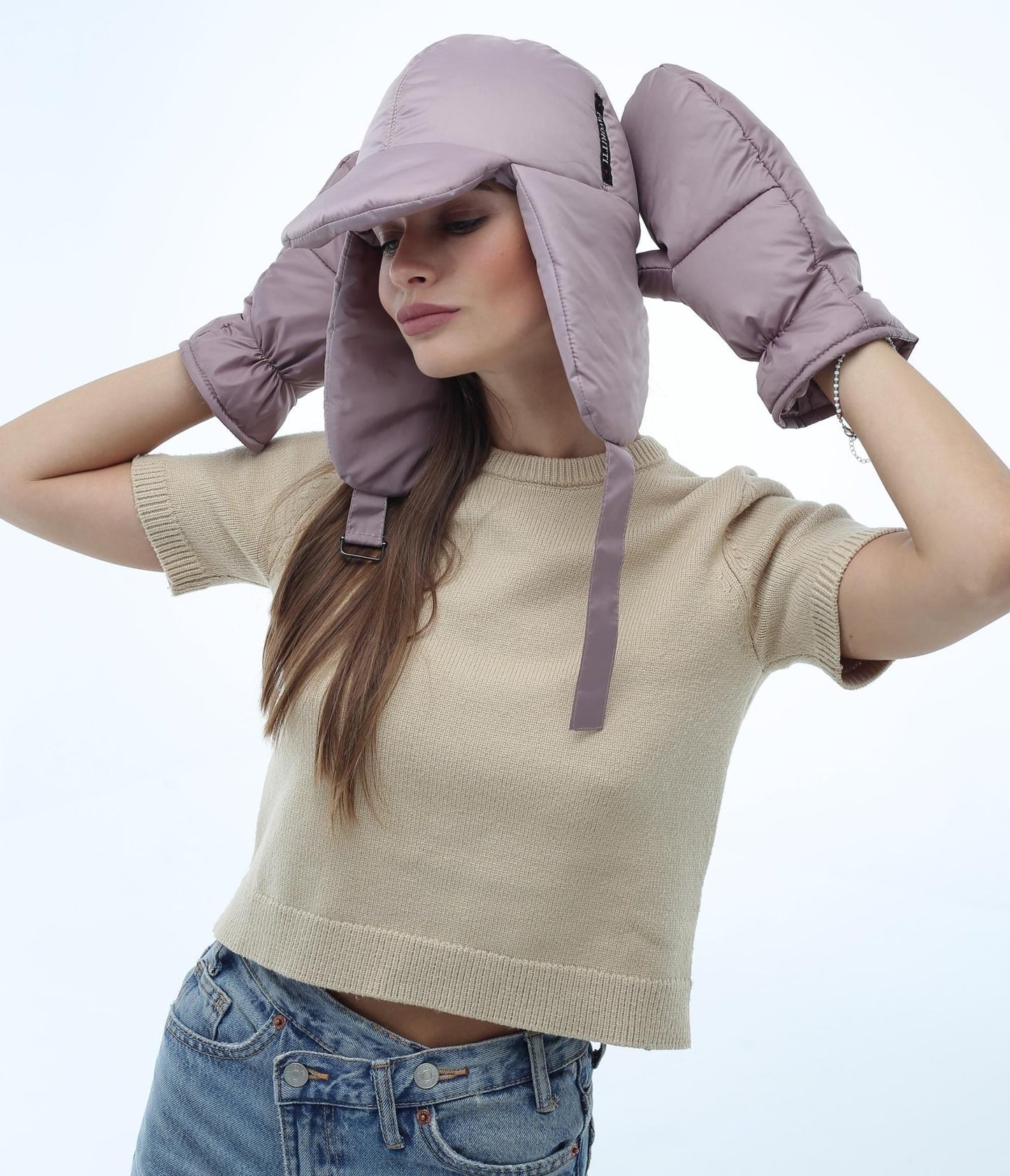 Beige Women's 3 - Piece Puffer Set Scarf 6x90in Mittens Hat - FAVORITTI
