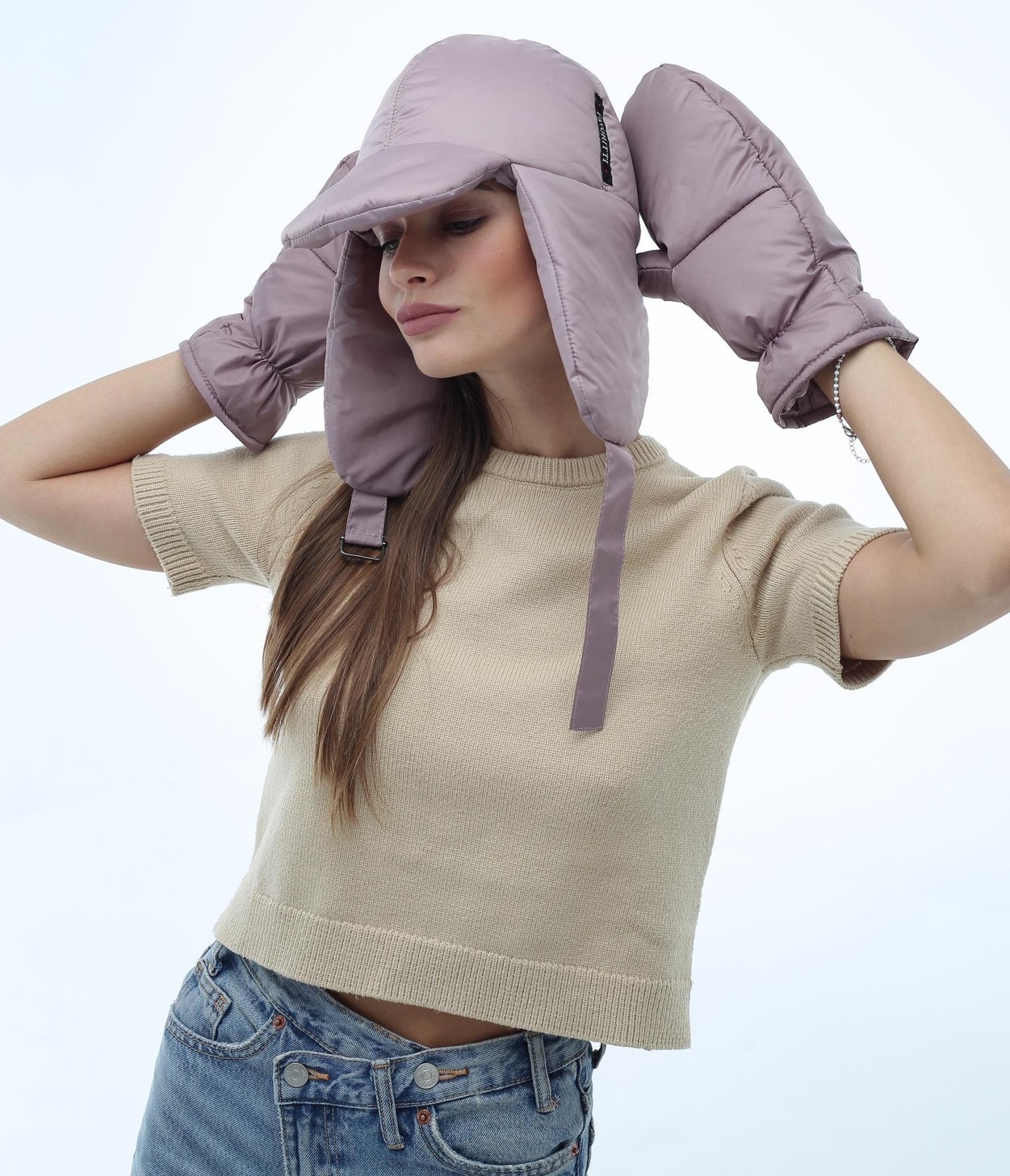 Beige Women's 3 - Piece Puffer Set Scarf 6x90in Mittens Hat - FAVORITTI