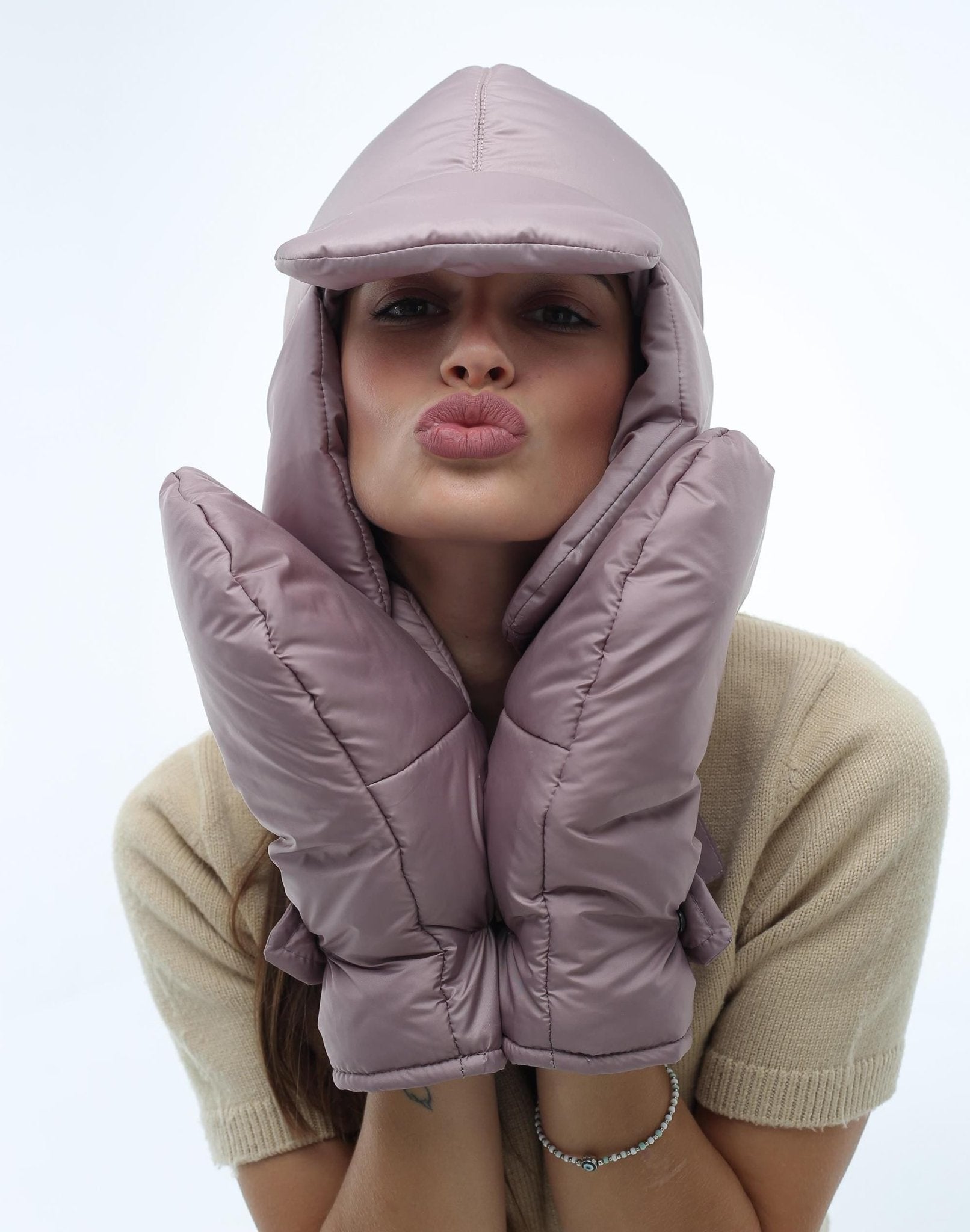 Beige Women's 3 - Piece Puffer Set Scarf 6x90in Mittens Hat - FAVORITTI