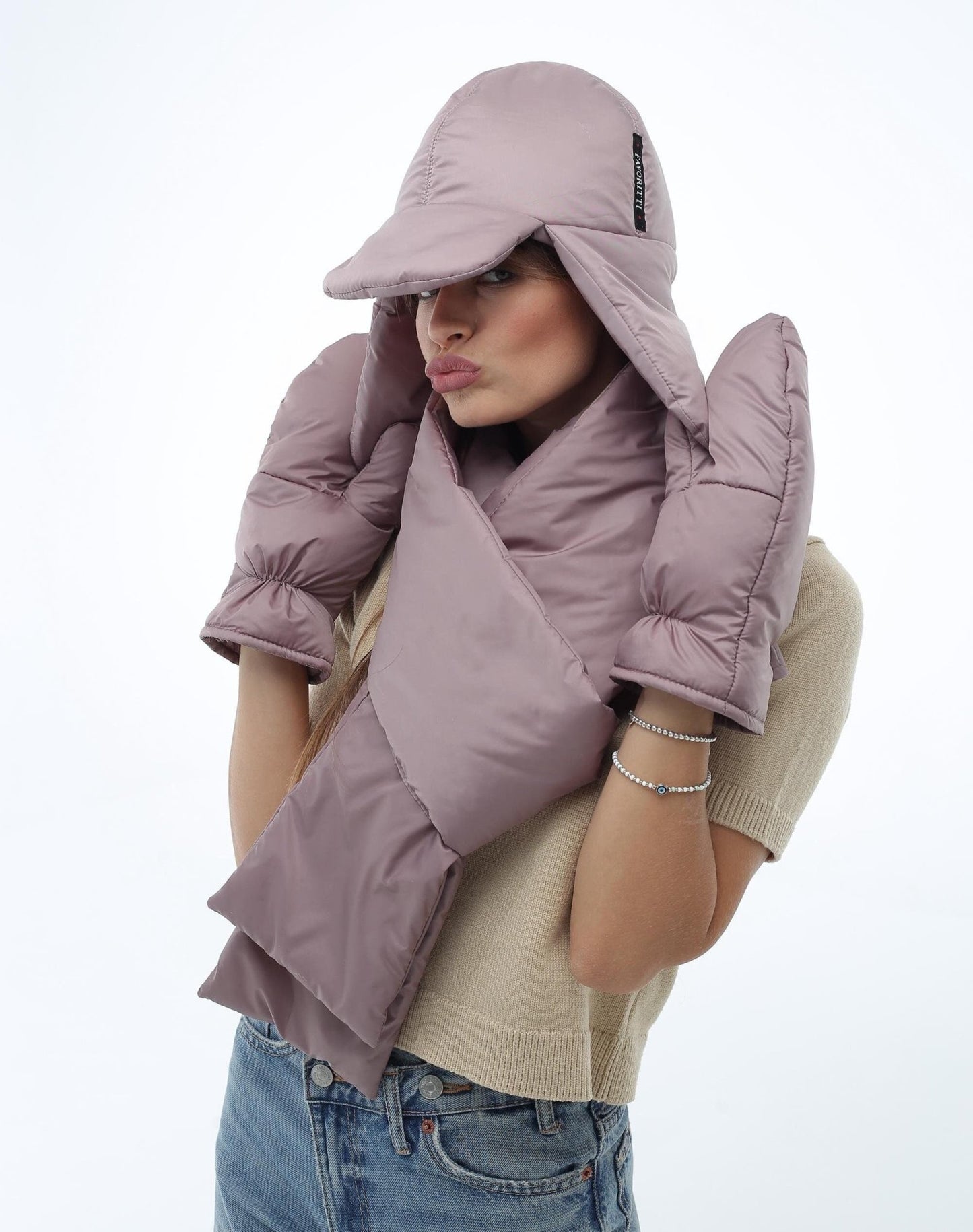 Beige Women's 3 - Piece Puffer Set Scarf 6x90in Mittens Hat - FAVORITTI