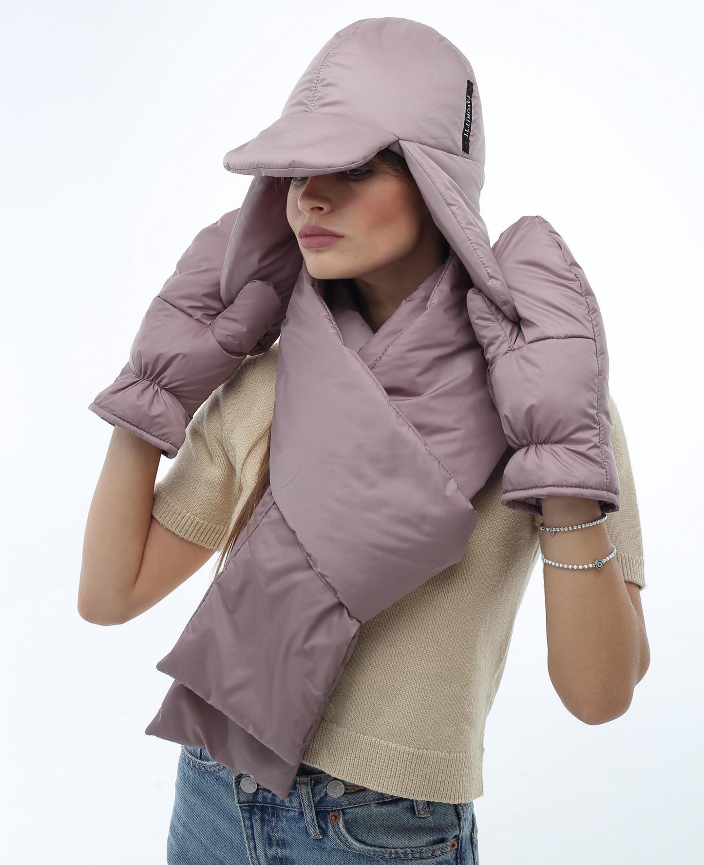 Beige Women's 3 - Piece Puffer Set Scarf 6x90in Mittens Hat - FAVORITTI