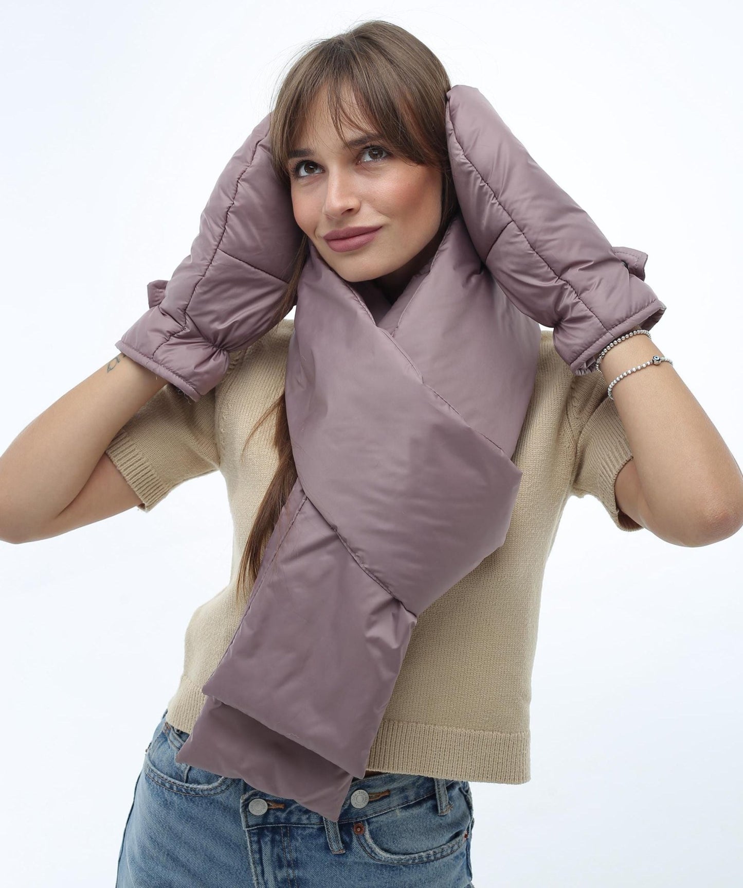 Beige Women's Set Puffer Scarf 6x90in and Puffer Mittens - FAVORITTI