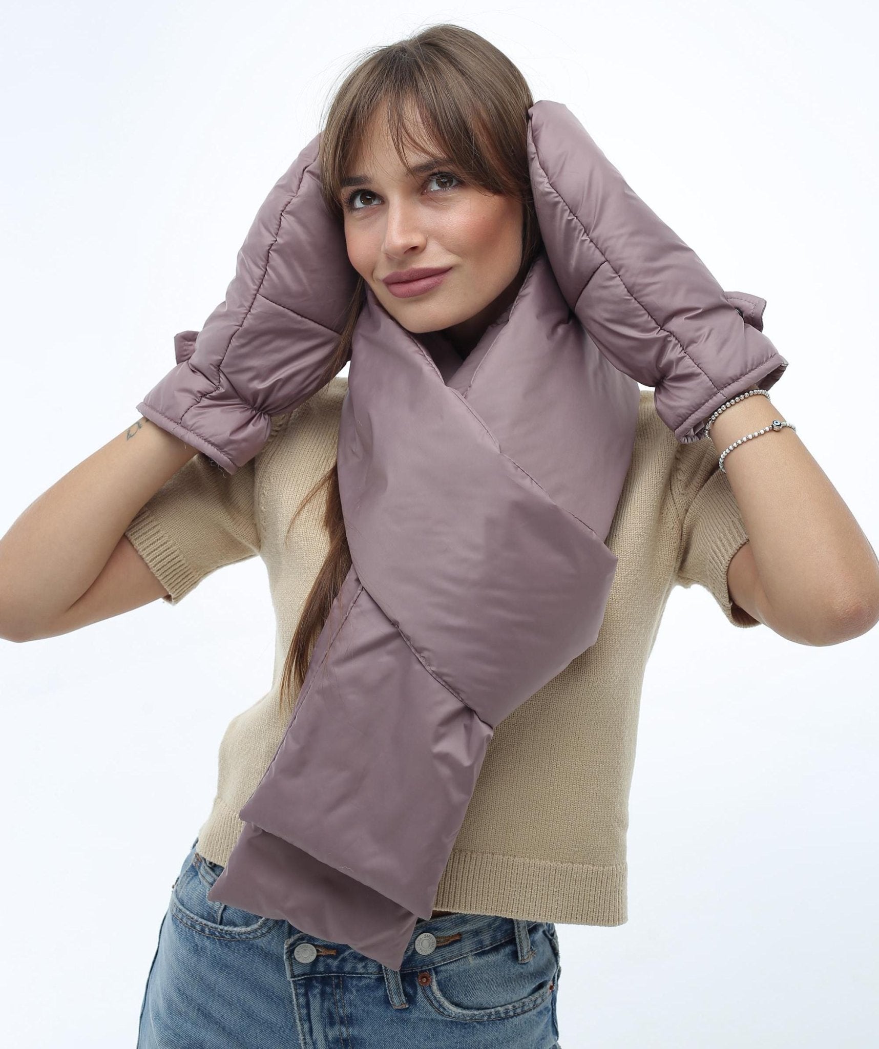 Beige Women's Set Puffer Scarf 6x90in and Puffer Mittens - FAVORITTI