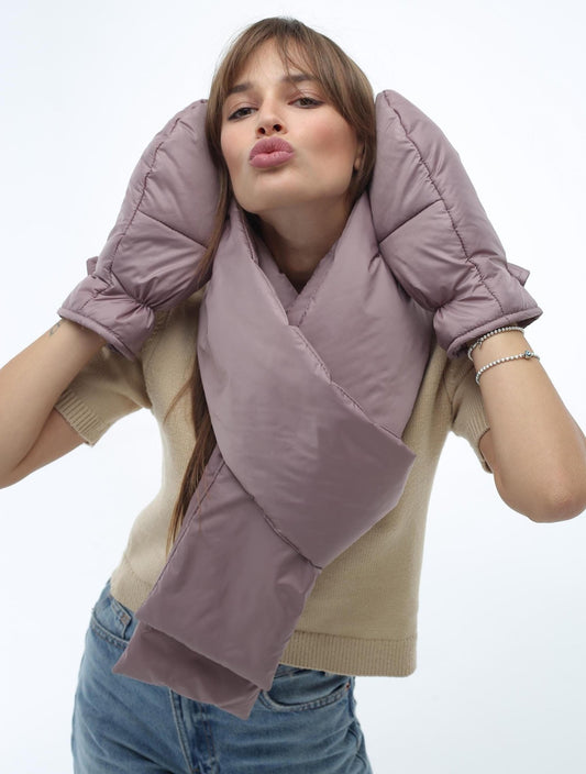 Beige Women's Set Puffer Scarf 6x90in and Puffer Mittens - FAVORITTI