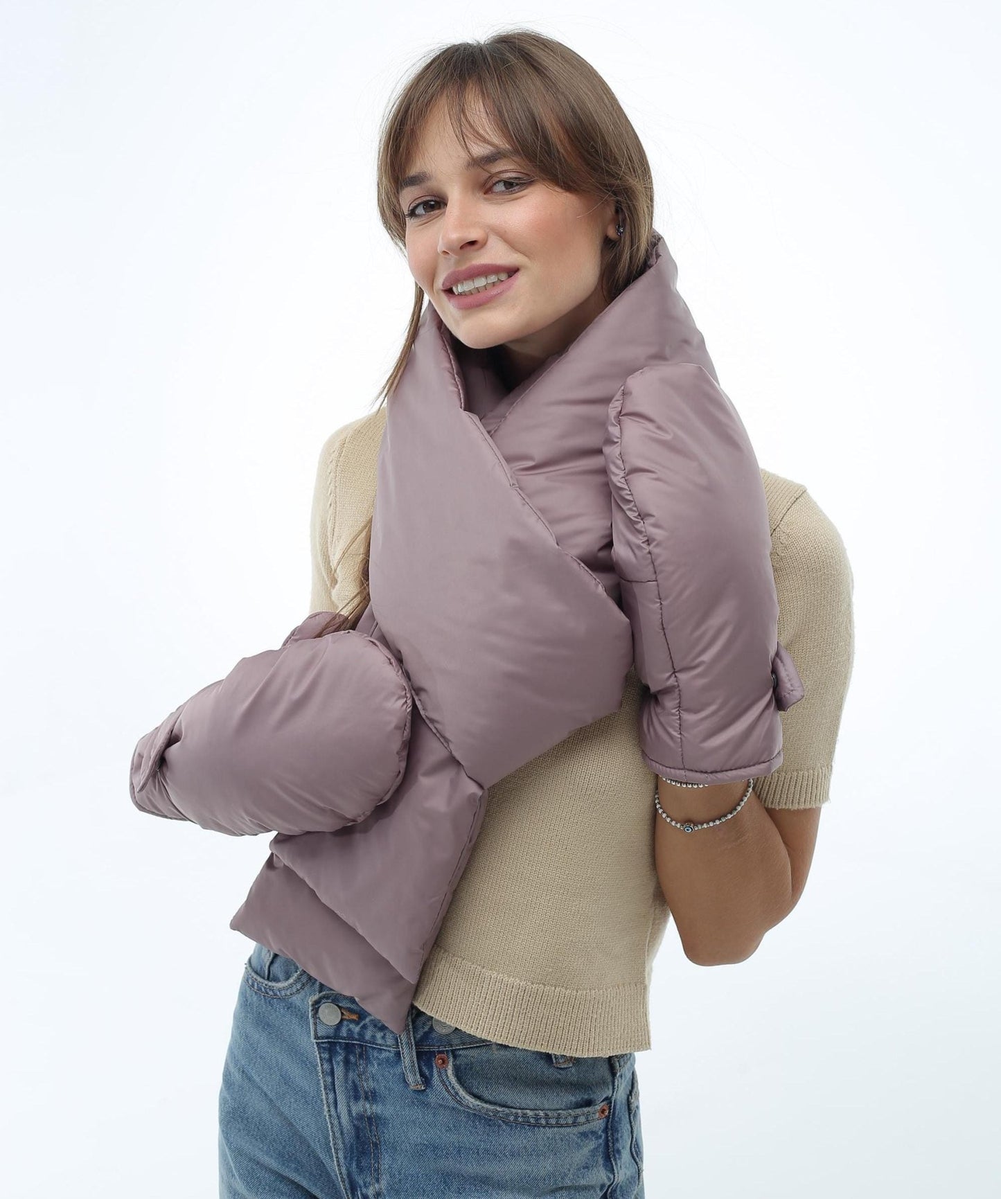 Beige Women's Set Puffer Scarf 6x90in and Puffer Mittens - FAVORITTI