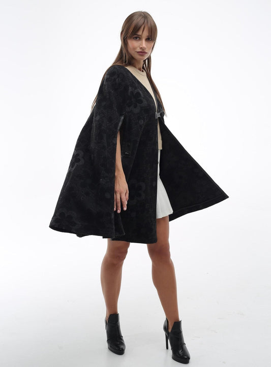 Black Floral Wool Cape Women Loose Fit Cozy Stylish Oversized Coat - FAVORITTI