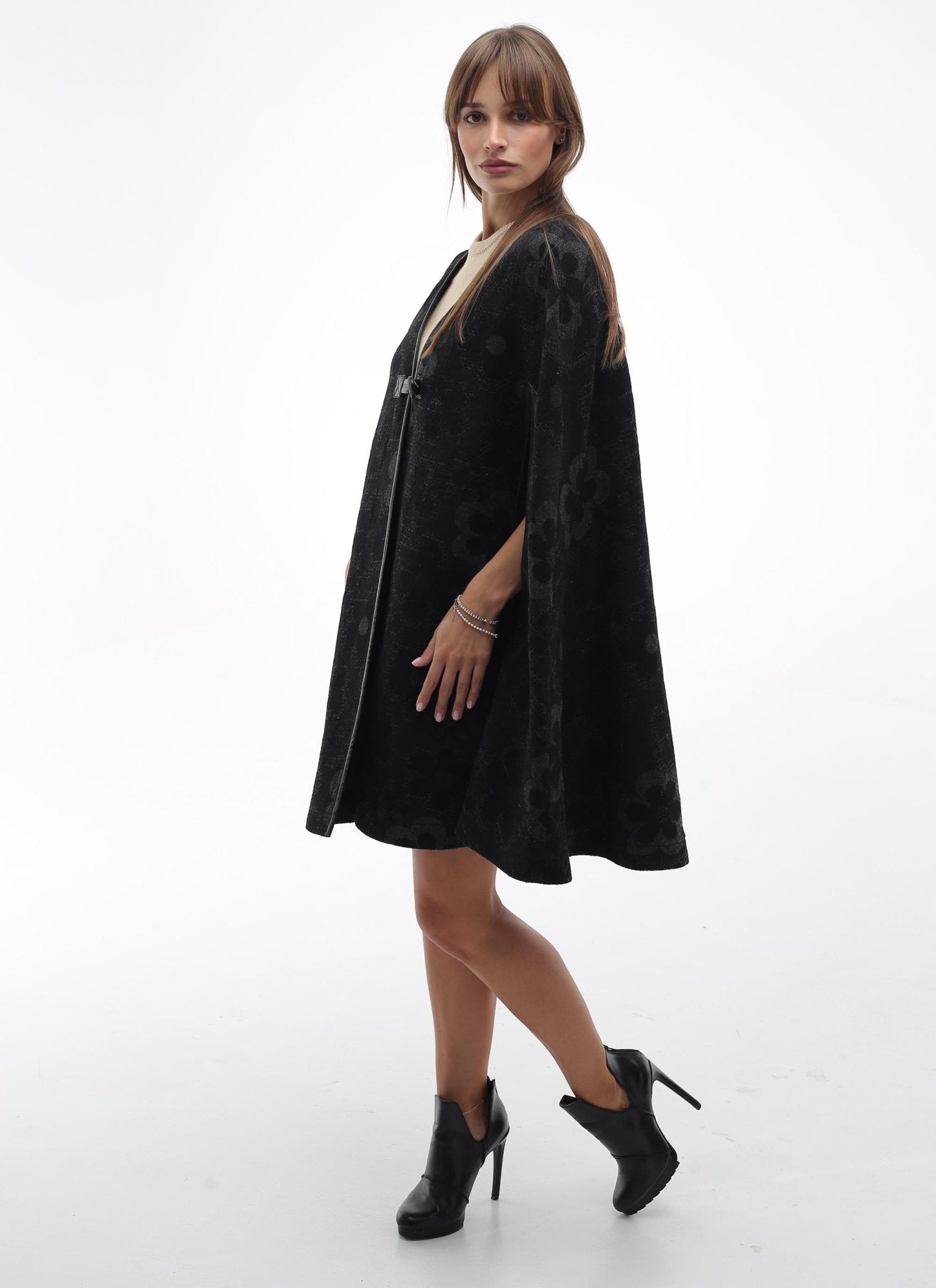 Black Floral Wool Cape Women Loose Fit Cozy Stylish Oversized Coat - FAVORITTI