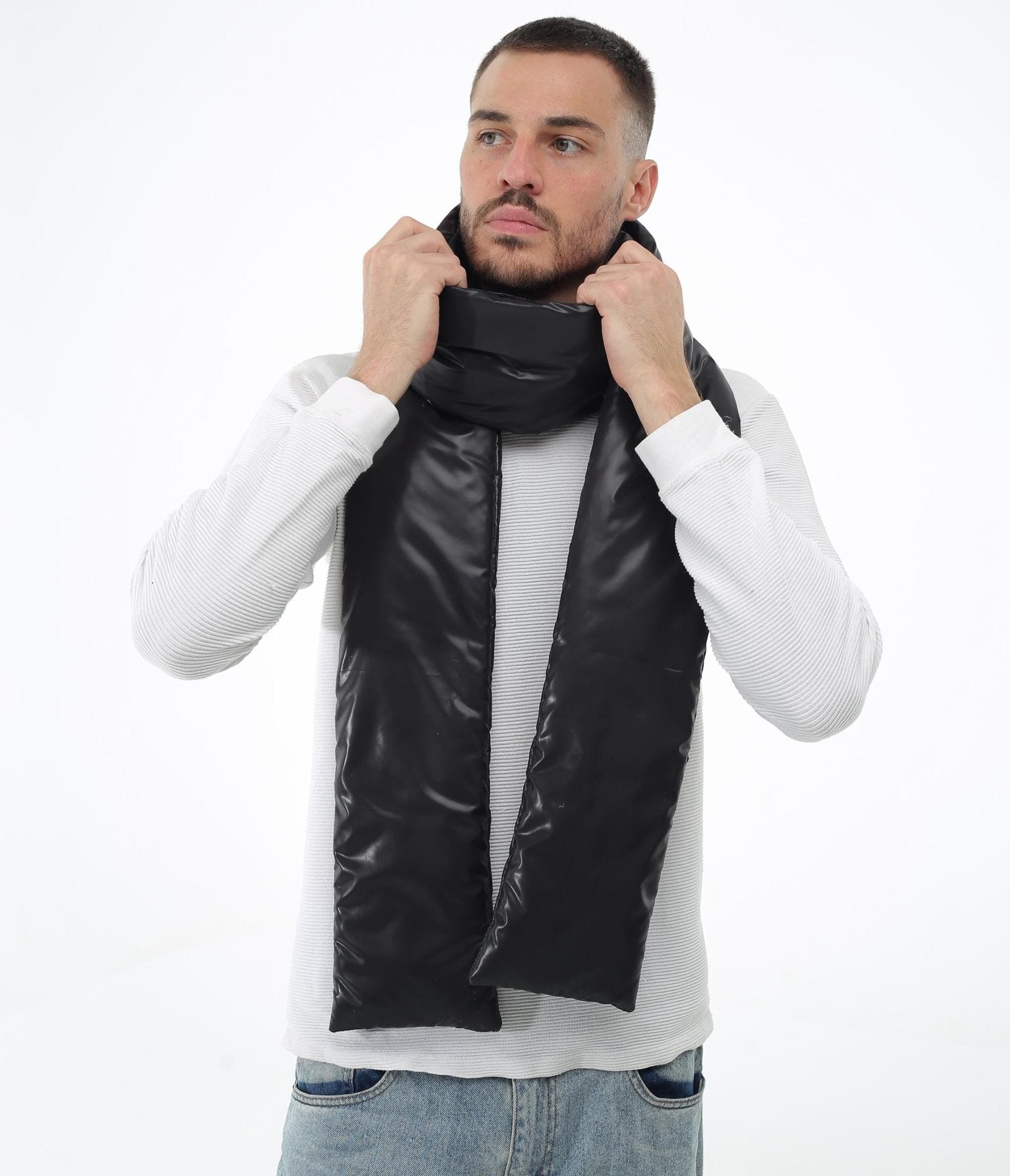 Black Men's Puffer Scarf 6x90in Windproof Insulated Winter Essential - FAVORITTI