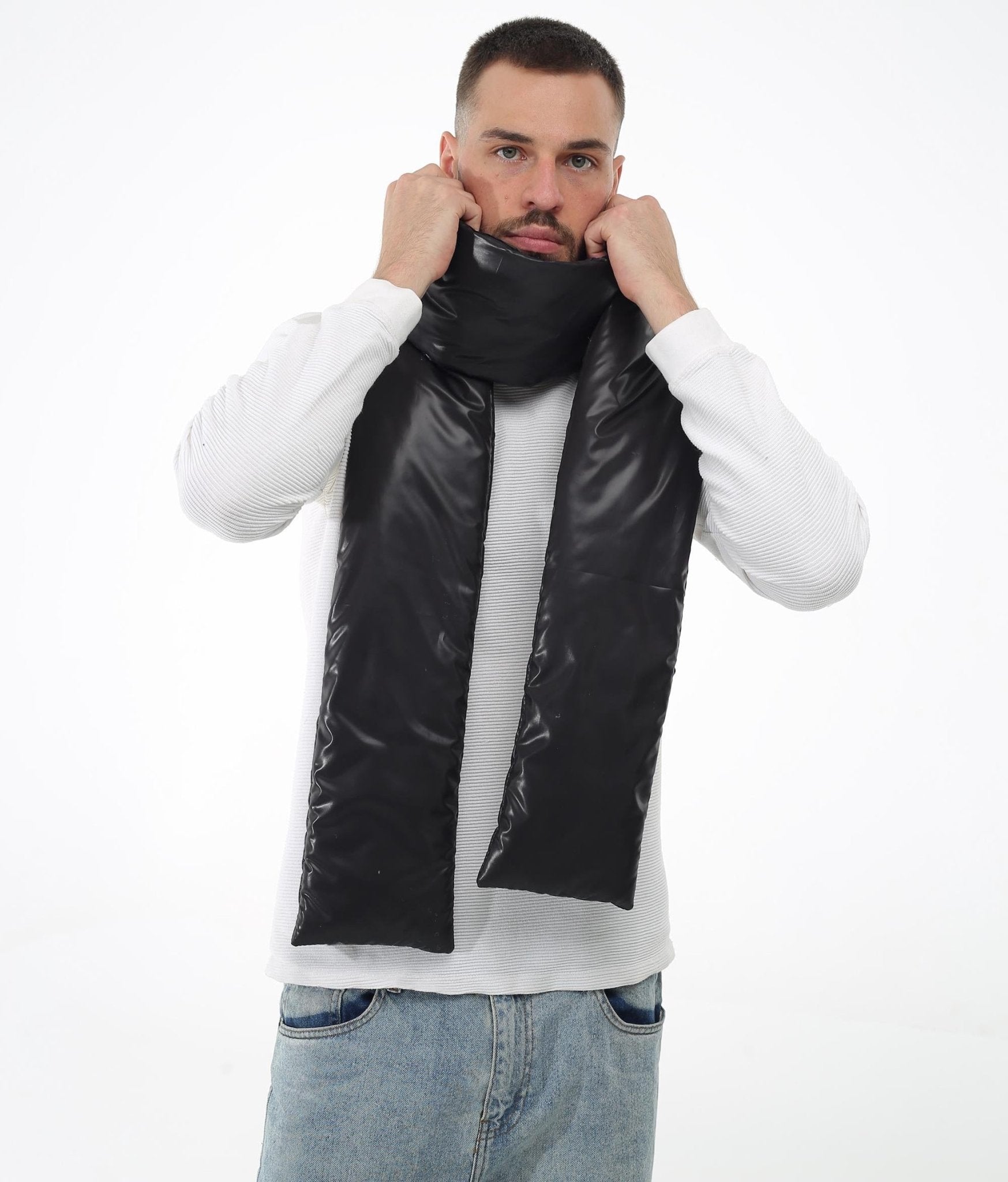 Black Men's Puffer Scarf 6x90in Windproof Insulated Winter Essential - FAVORITTI
