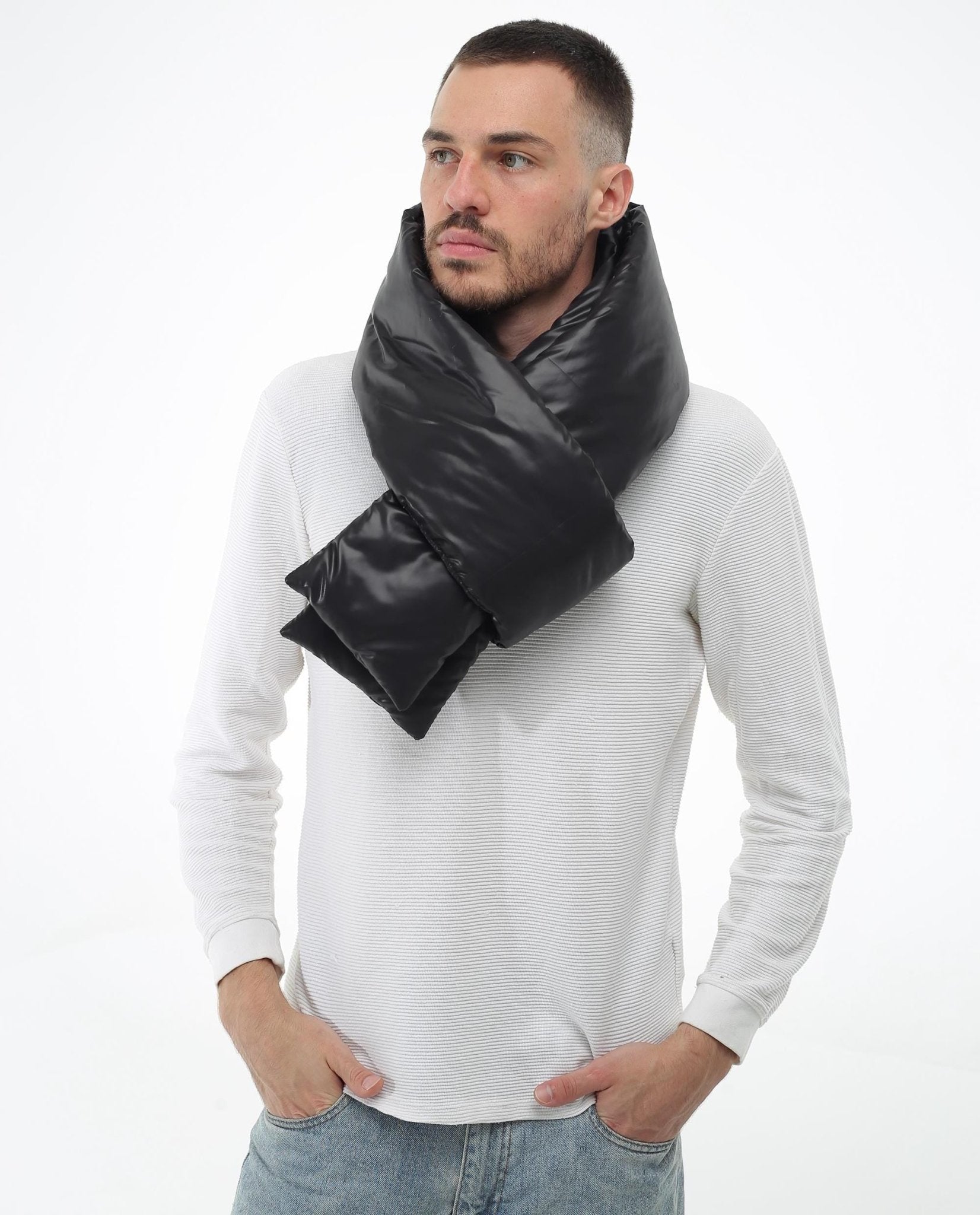 Black Men's Puffer Scarf 6x90in Windproof Insulated Winter Essential - FAVORITTI
